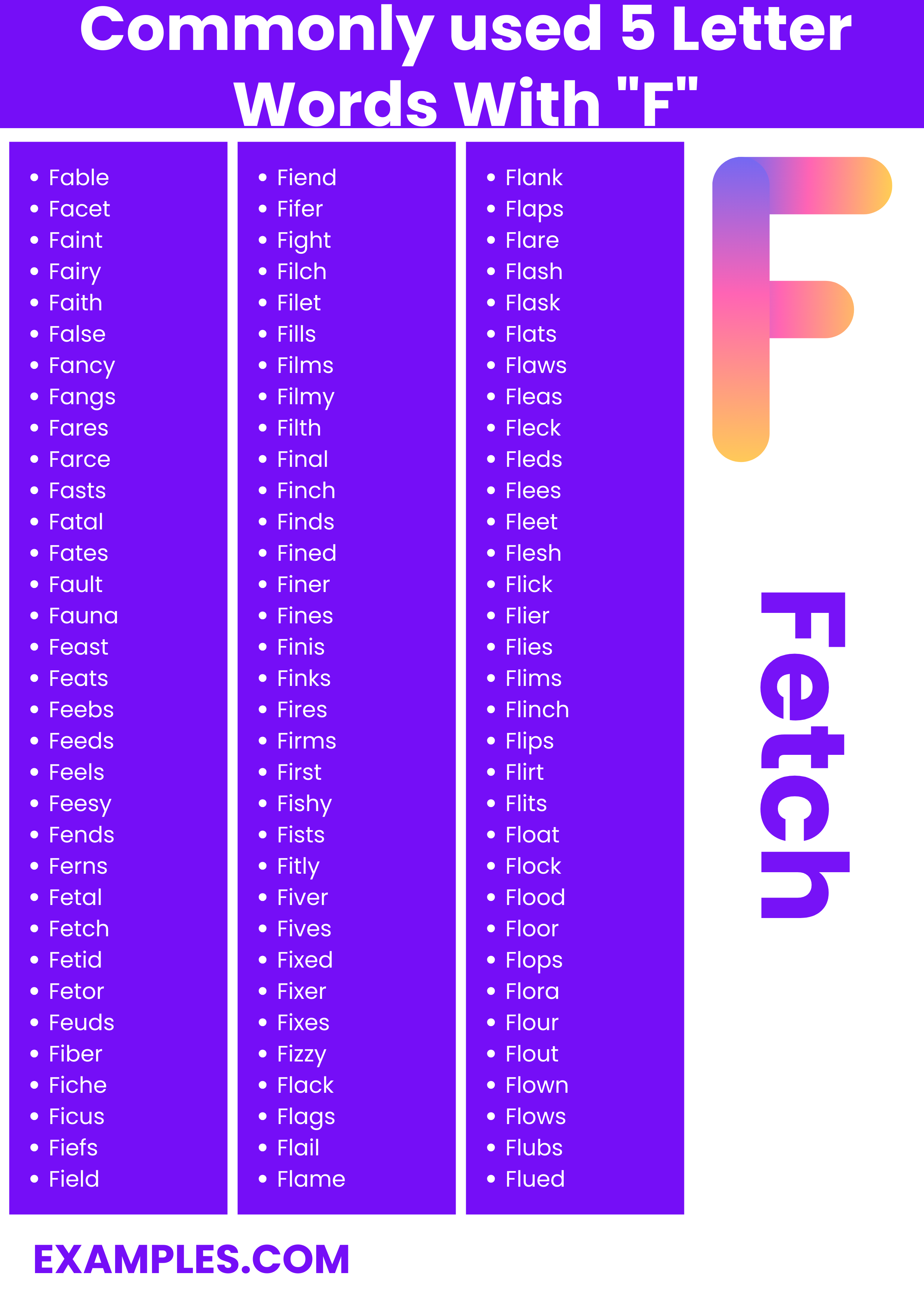 commonly used 5 letter words with f