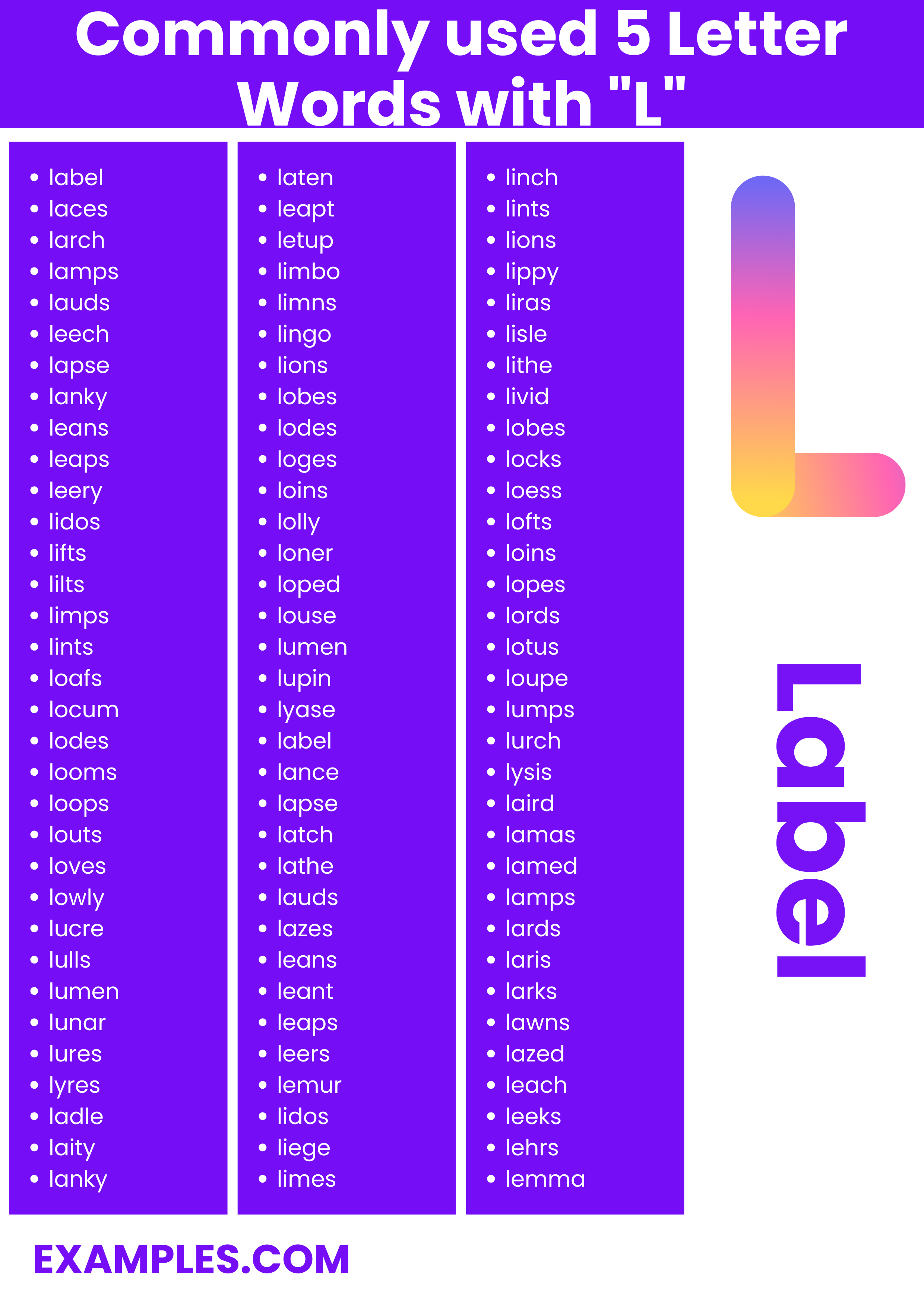 commonly used 5 letter words with l