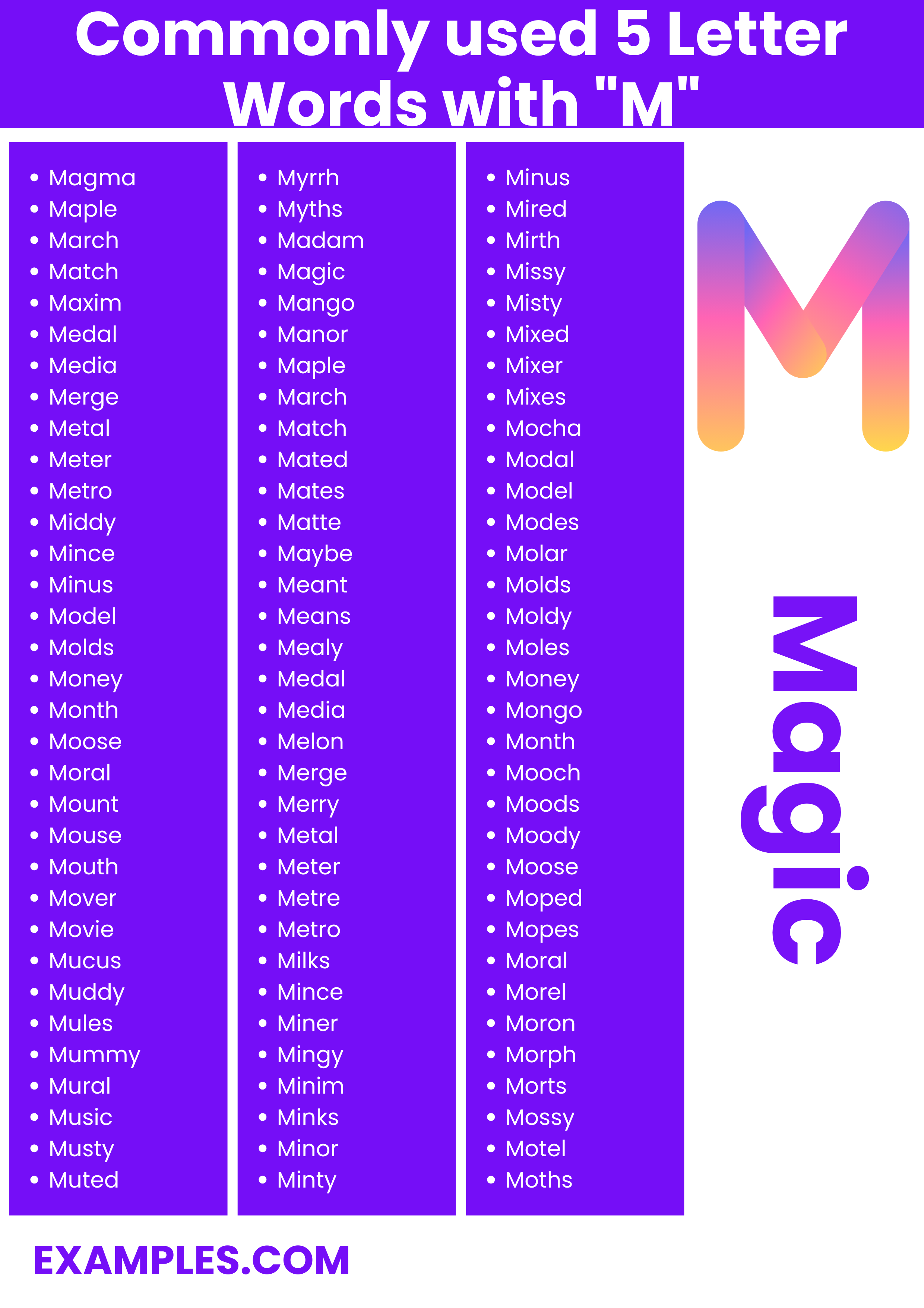 commonly used 5 letter words with m