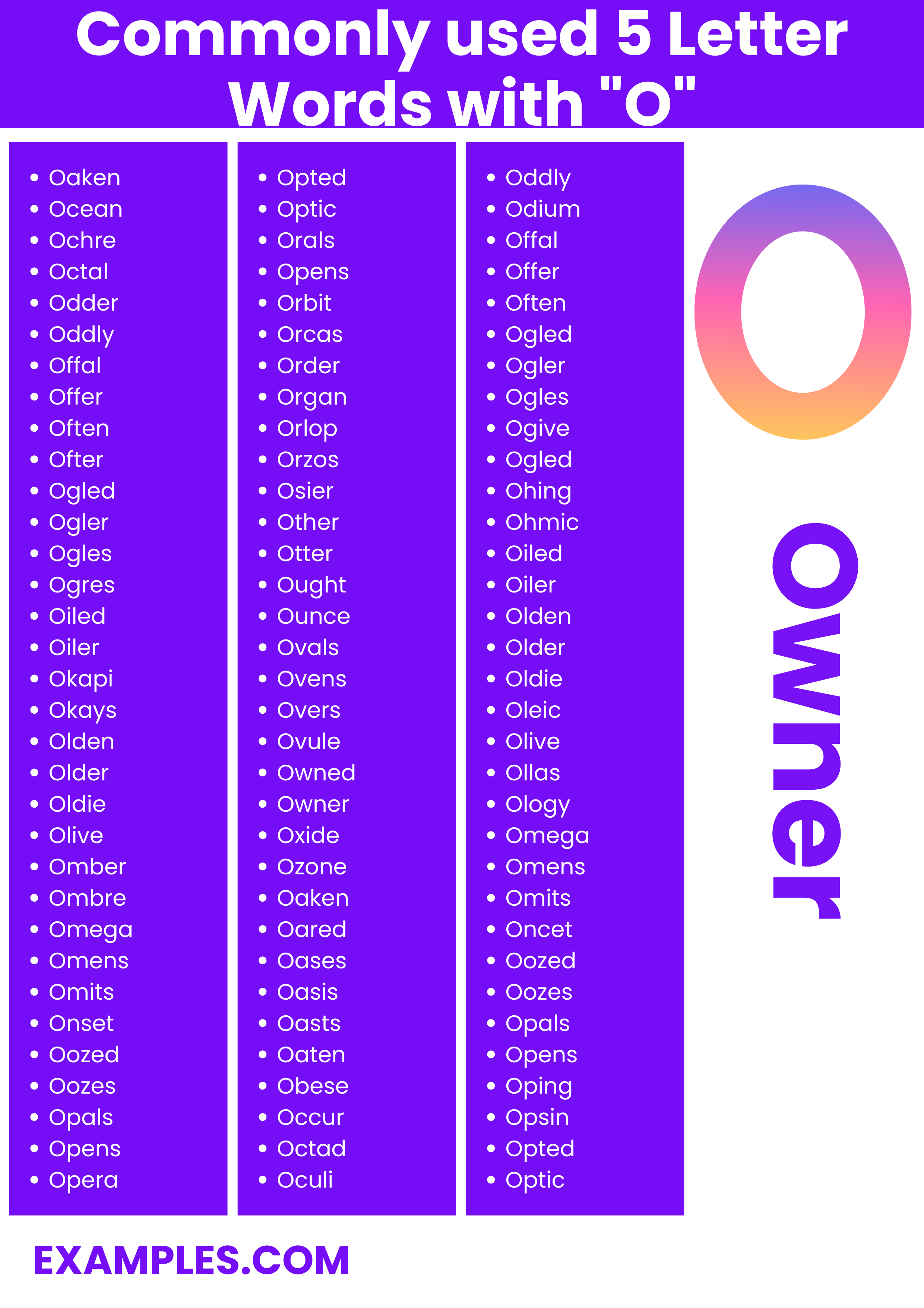 commonly used 5 letter words with o