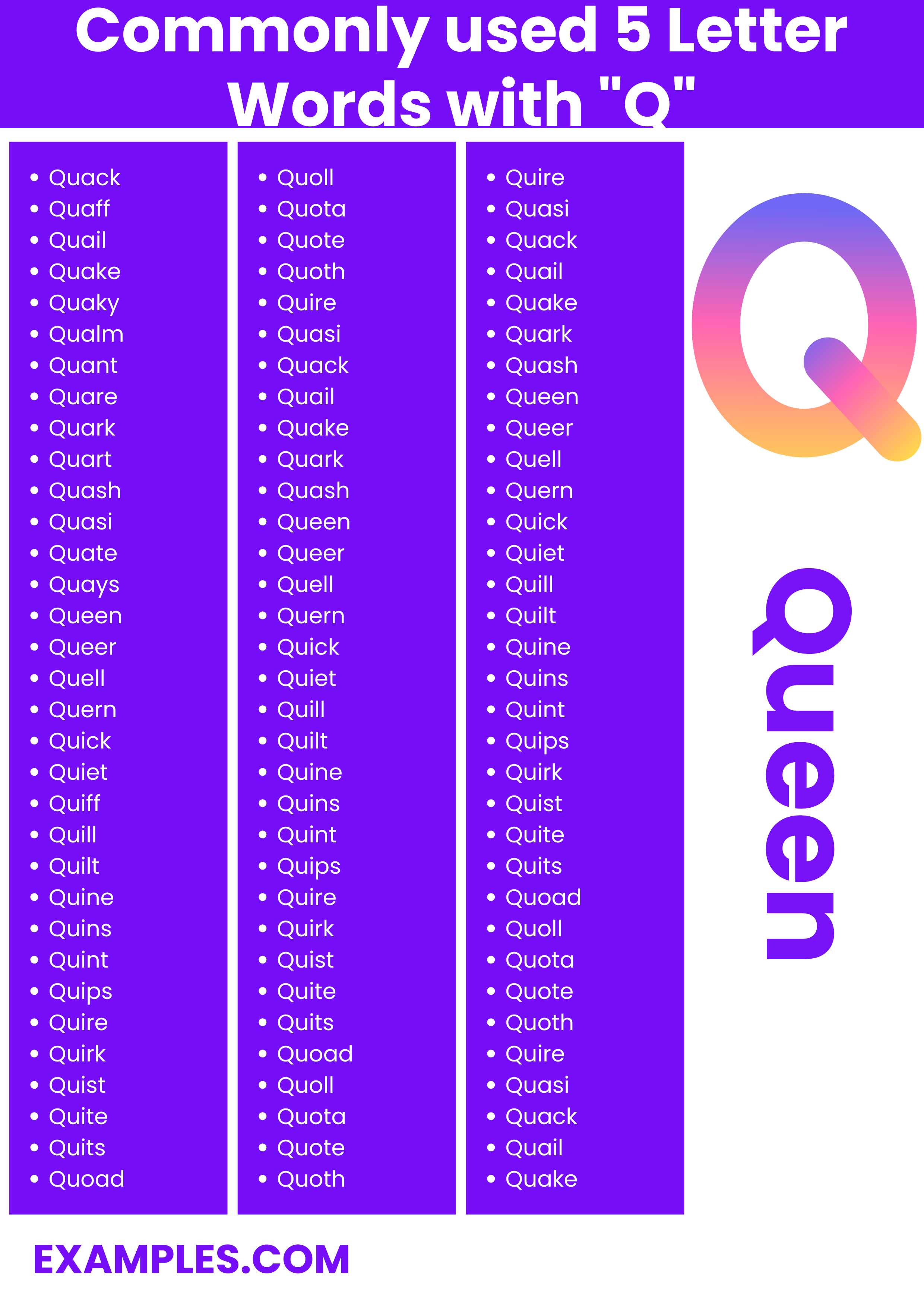 commonly used 5 letter words with q