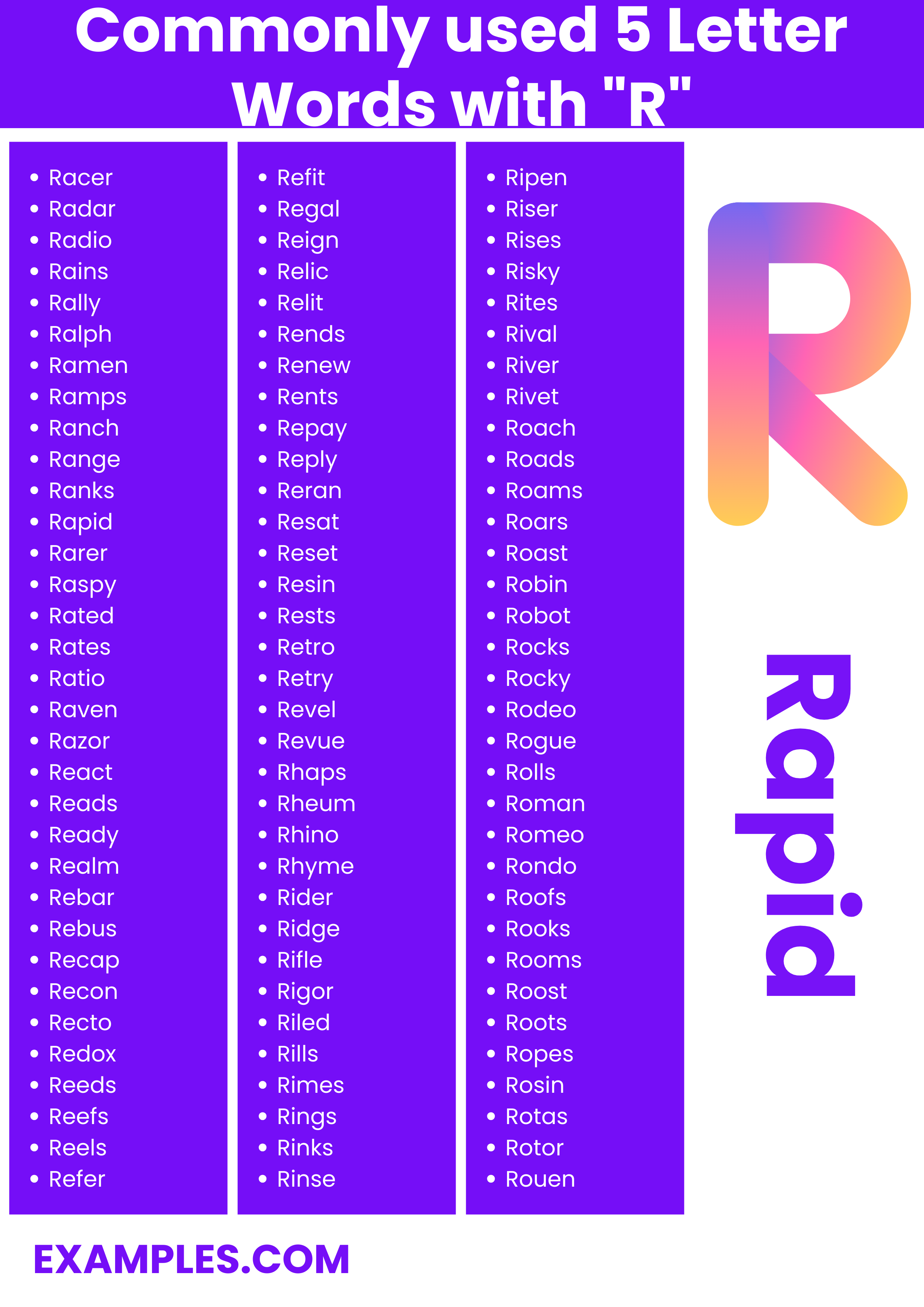 commonly used 5 letter words with r