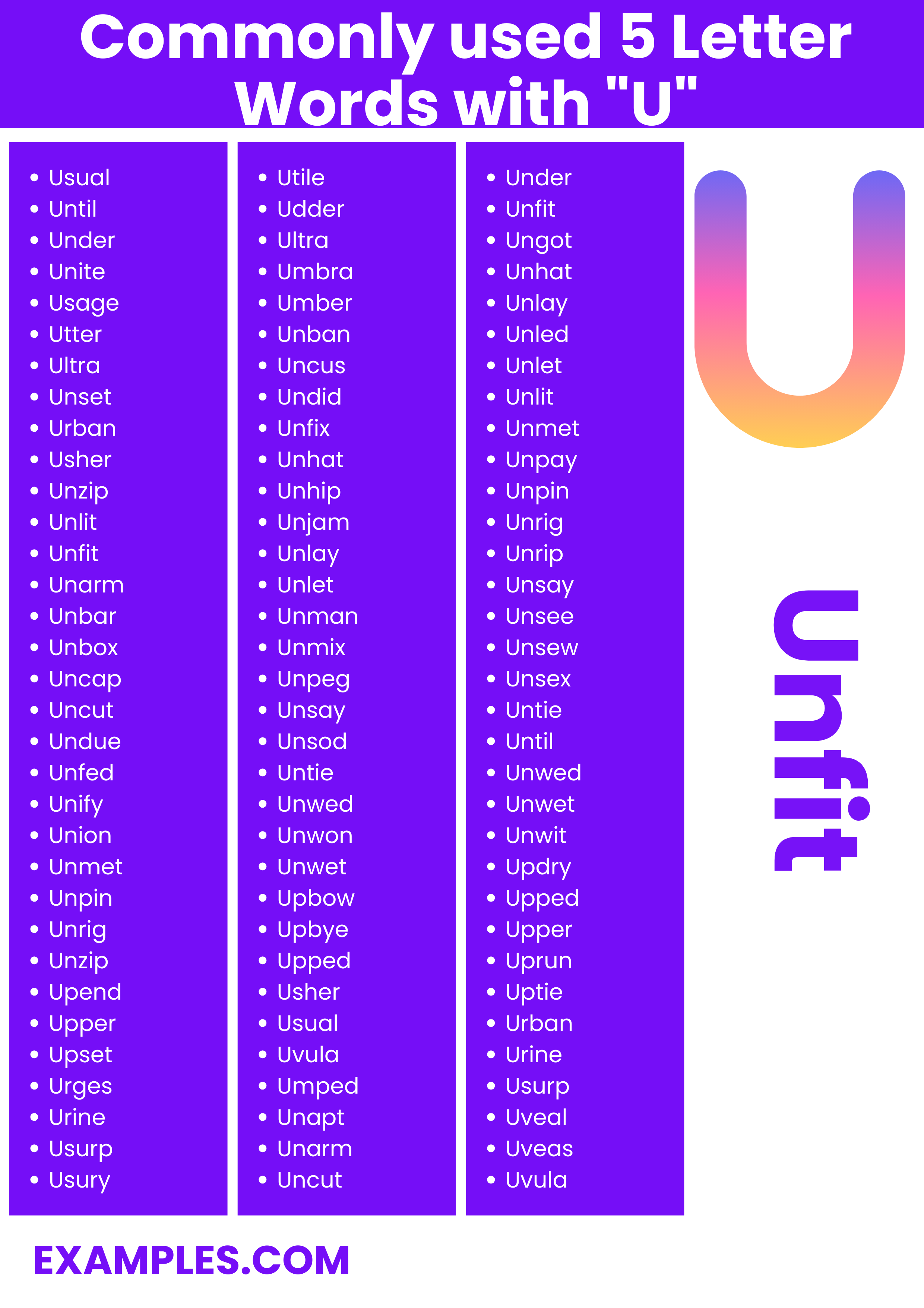 commonly used 5 letter words with u