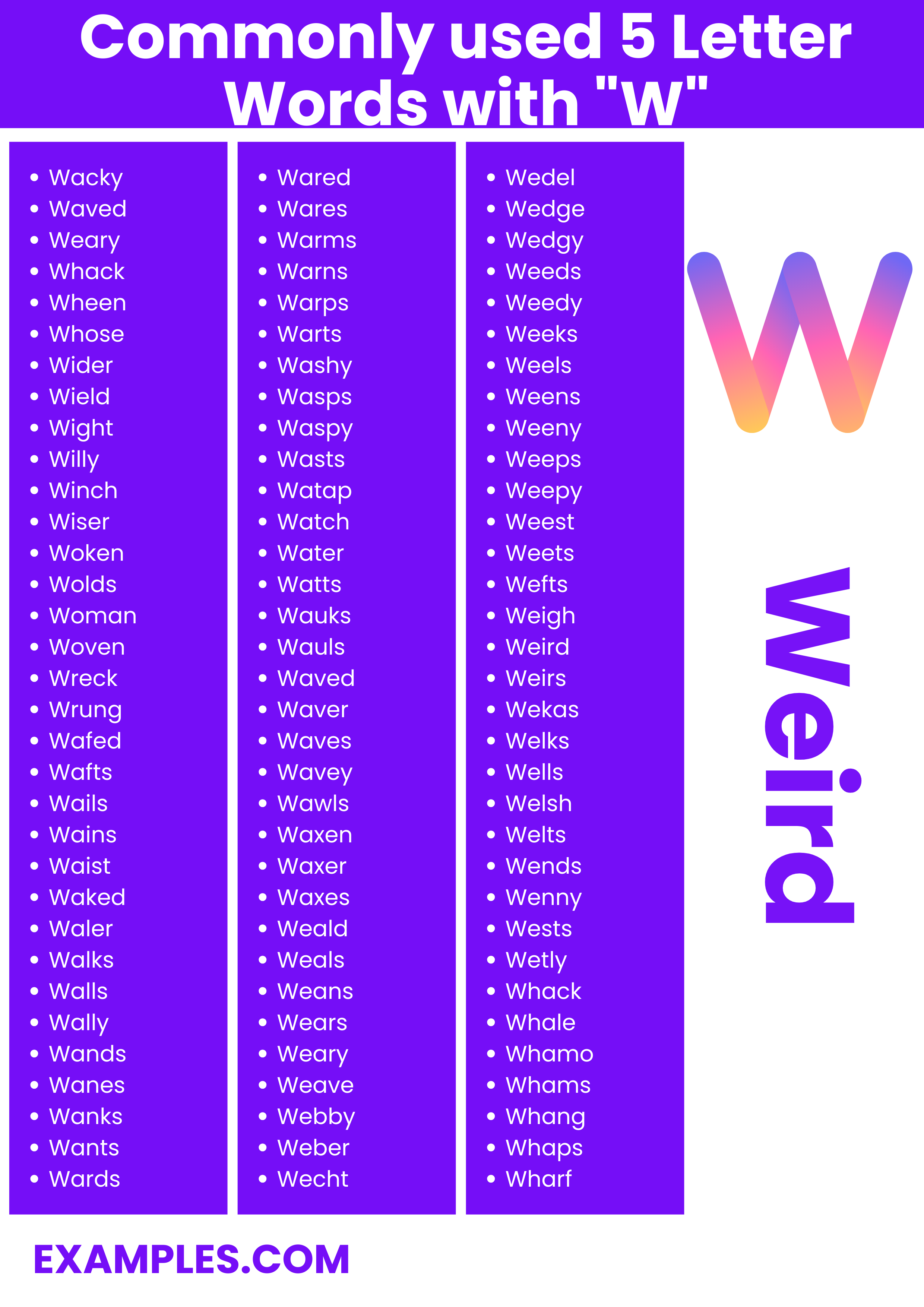 commonly used 5 letter words with w