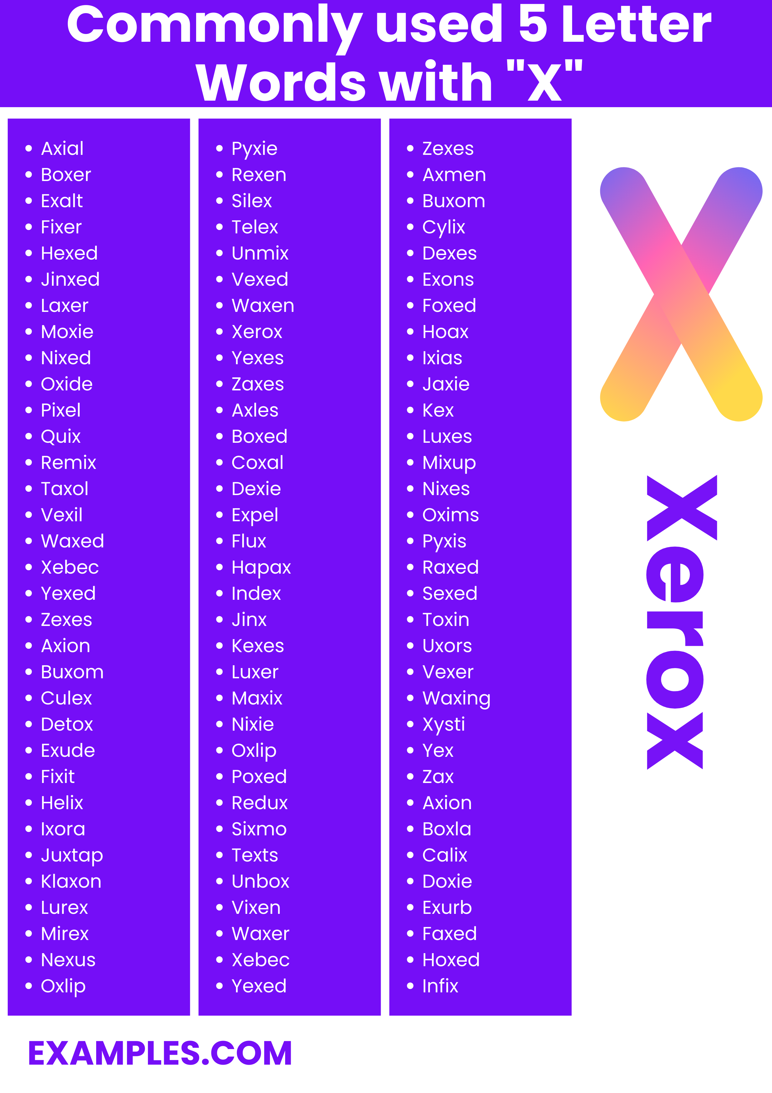 commonly used 5 letter words with x