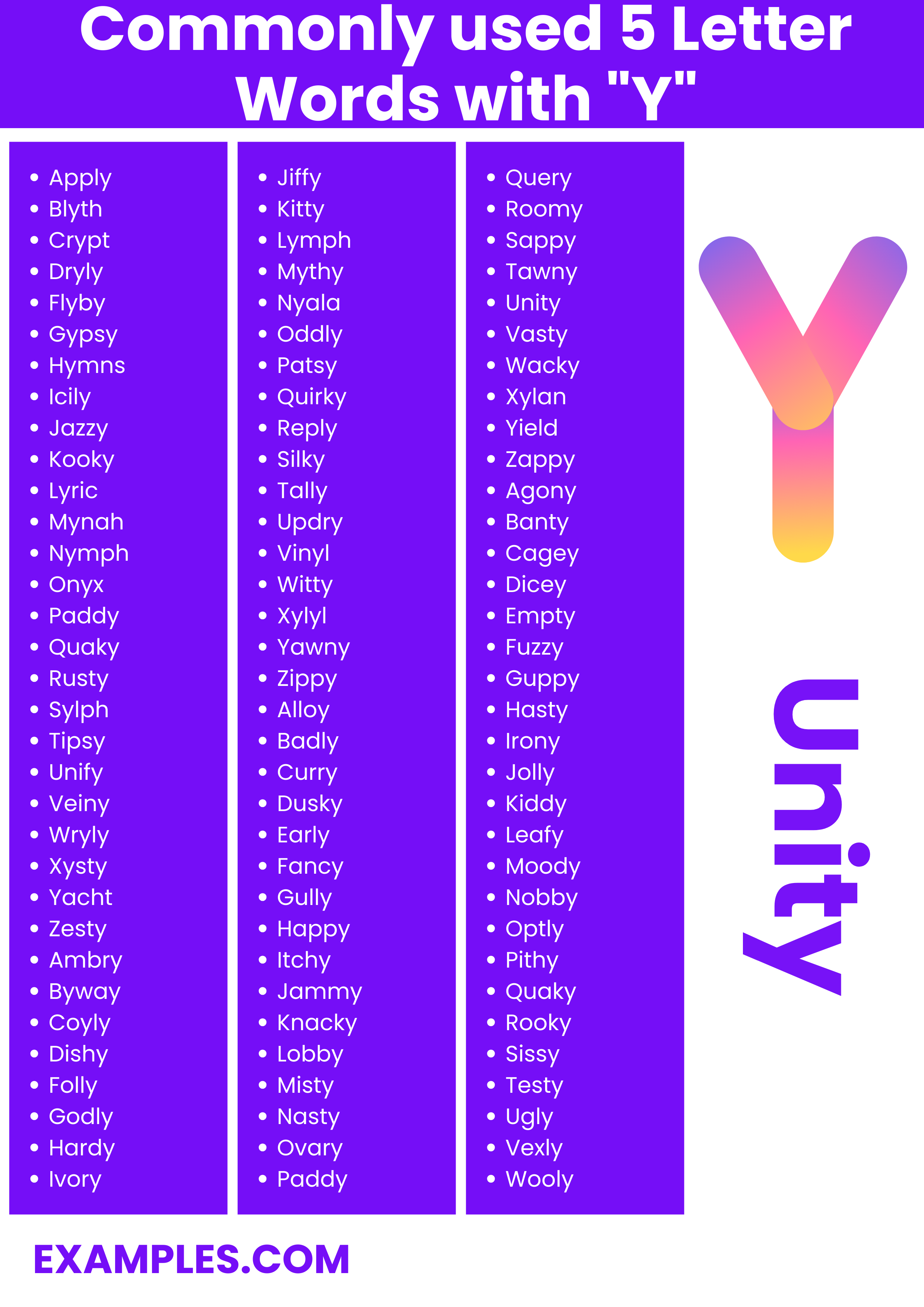 commonly used 5 letter words with y