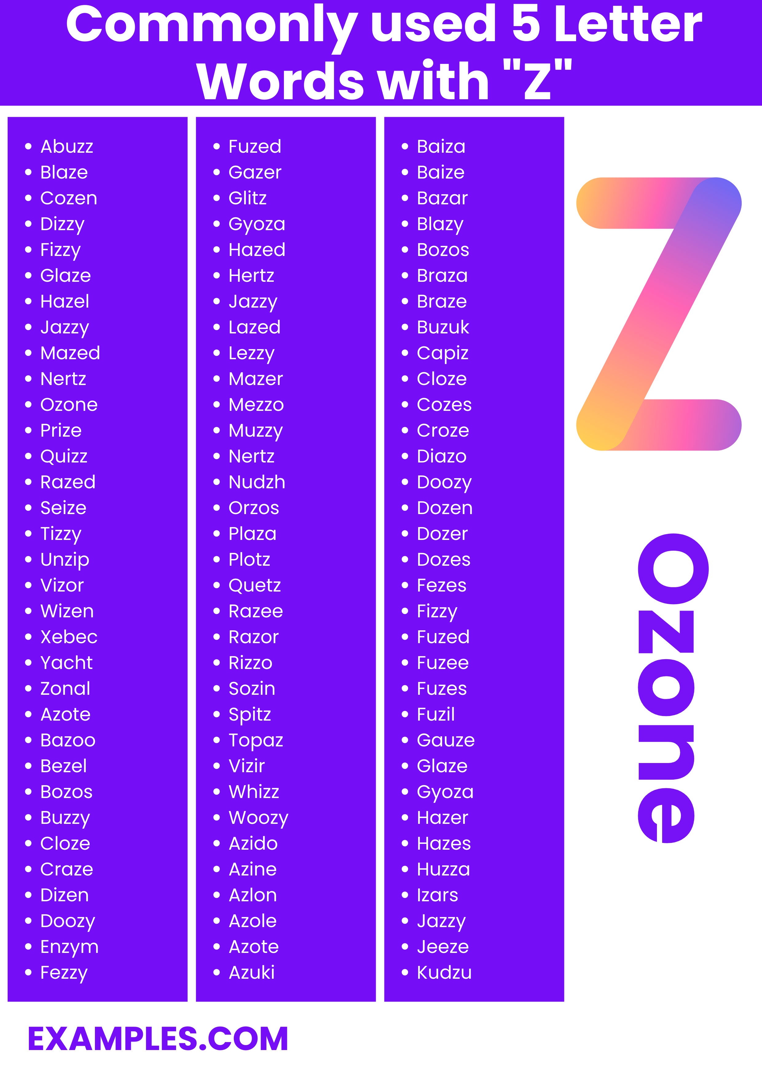 commonly used 5 letter words with z