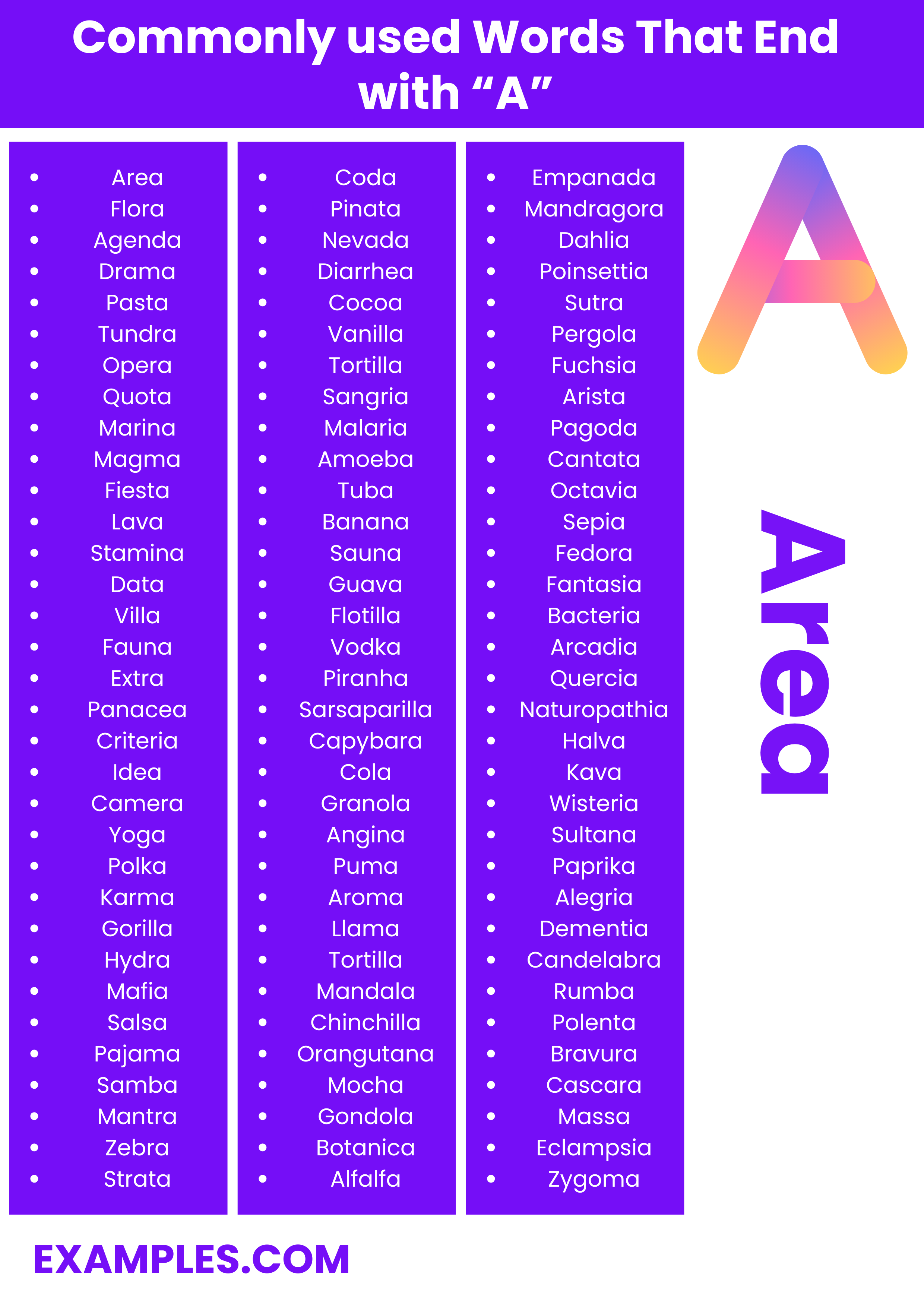 commonly used words that end with “a”