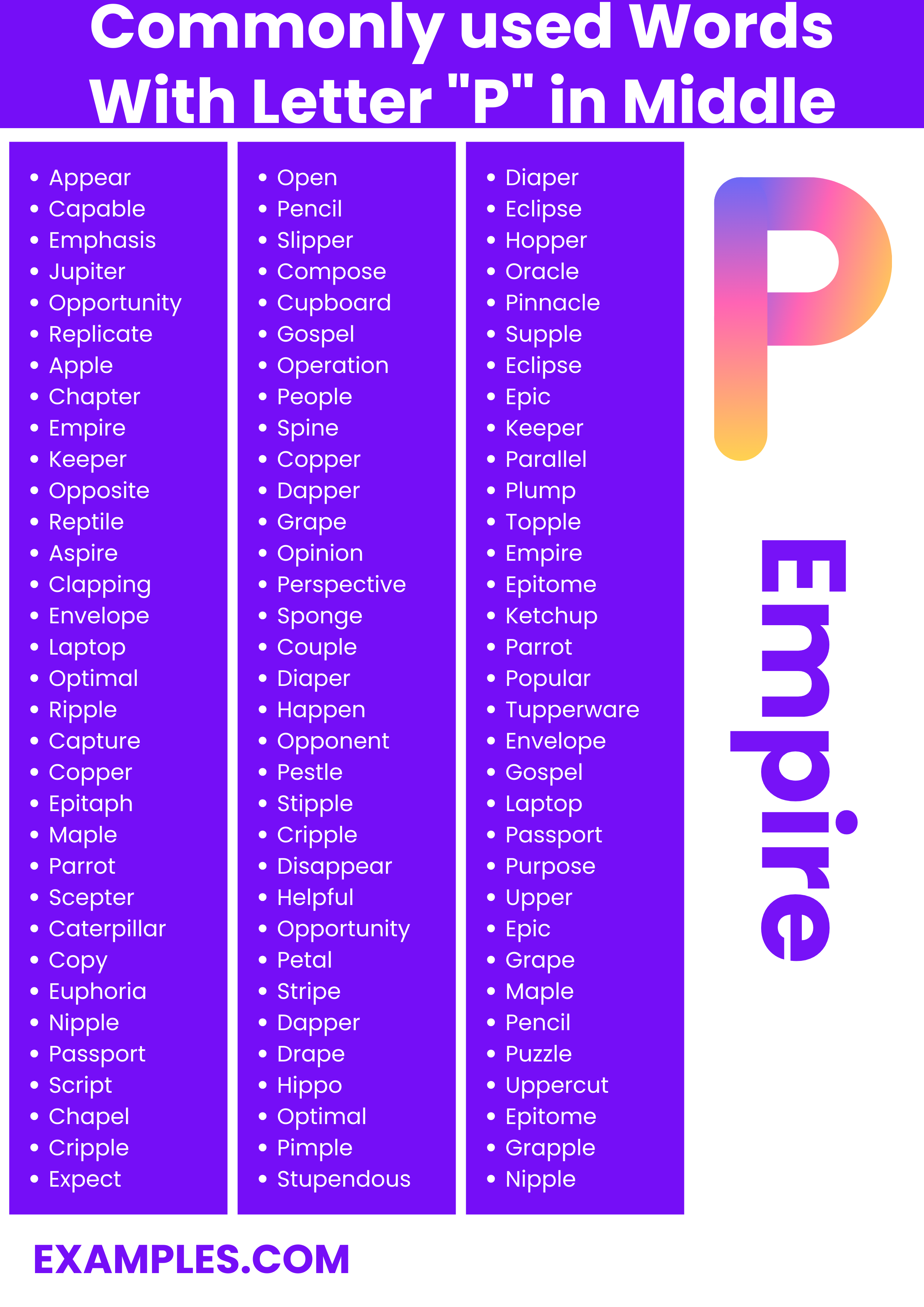 commonly used words with letter p in middle