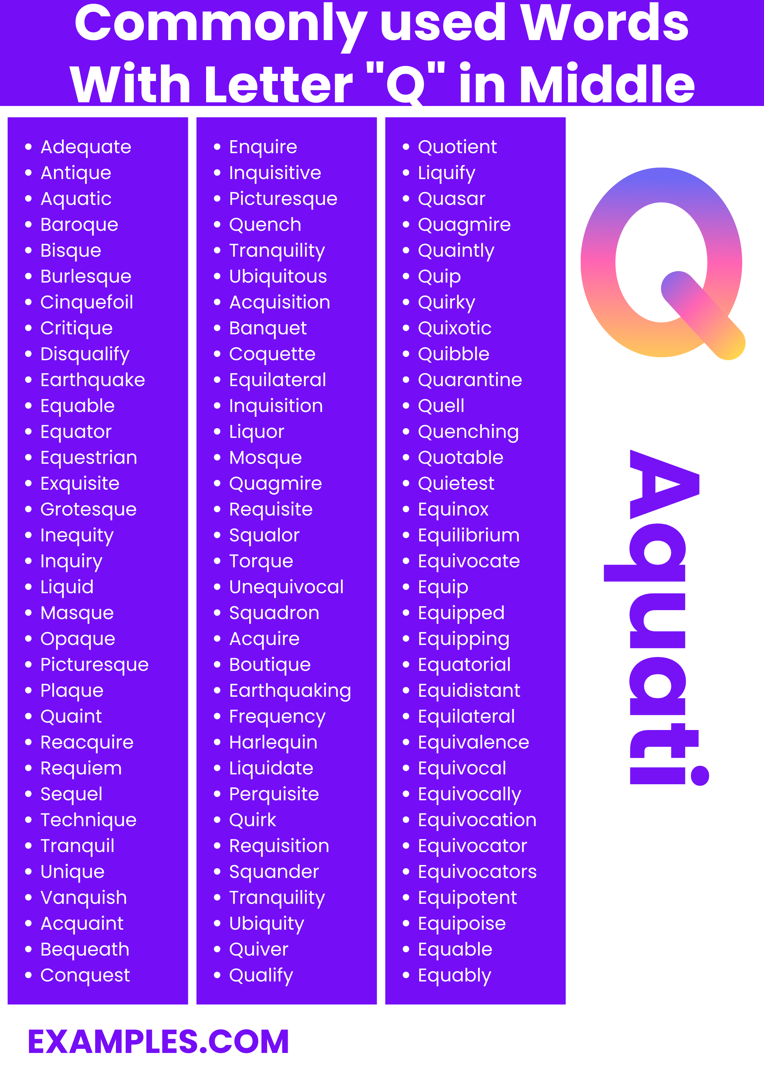commonly used words with letter q in middle