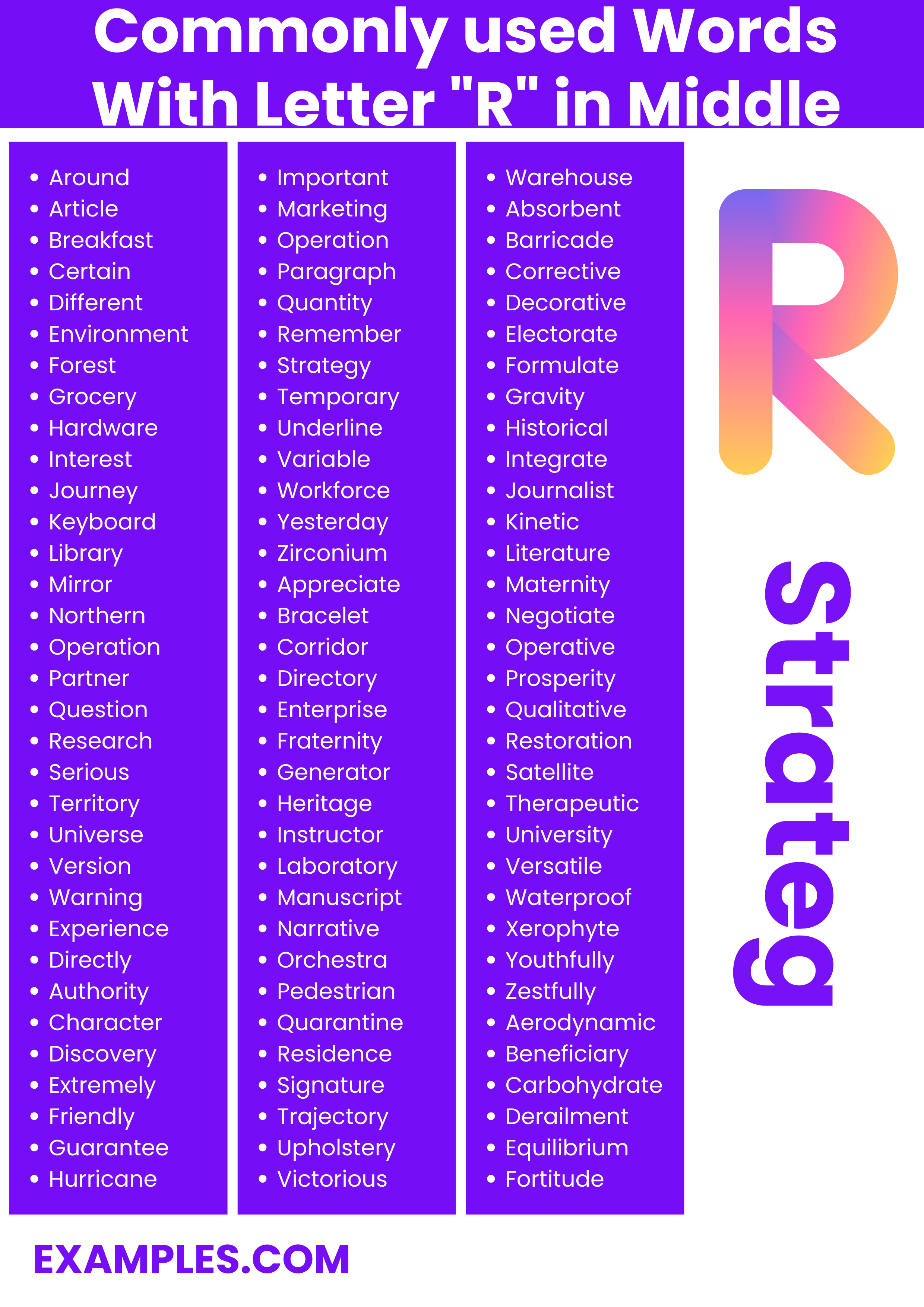 commonly used words with letter r in middle