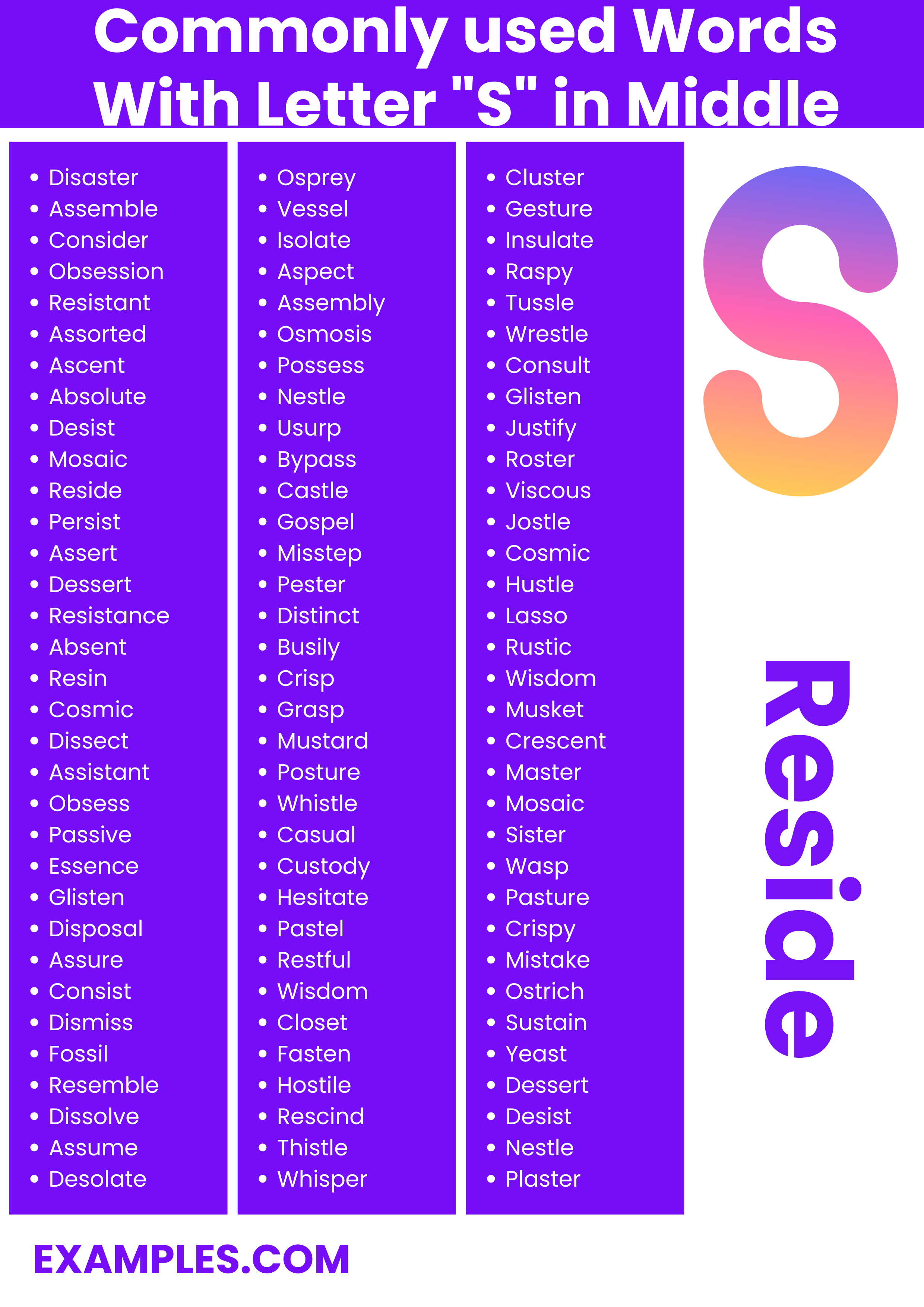 commonly used words with letter s in middle