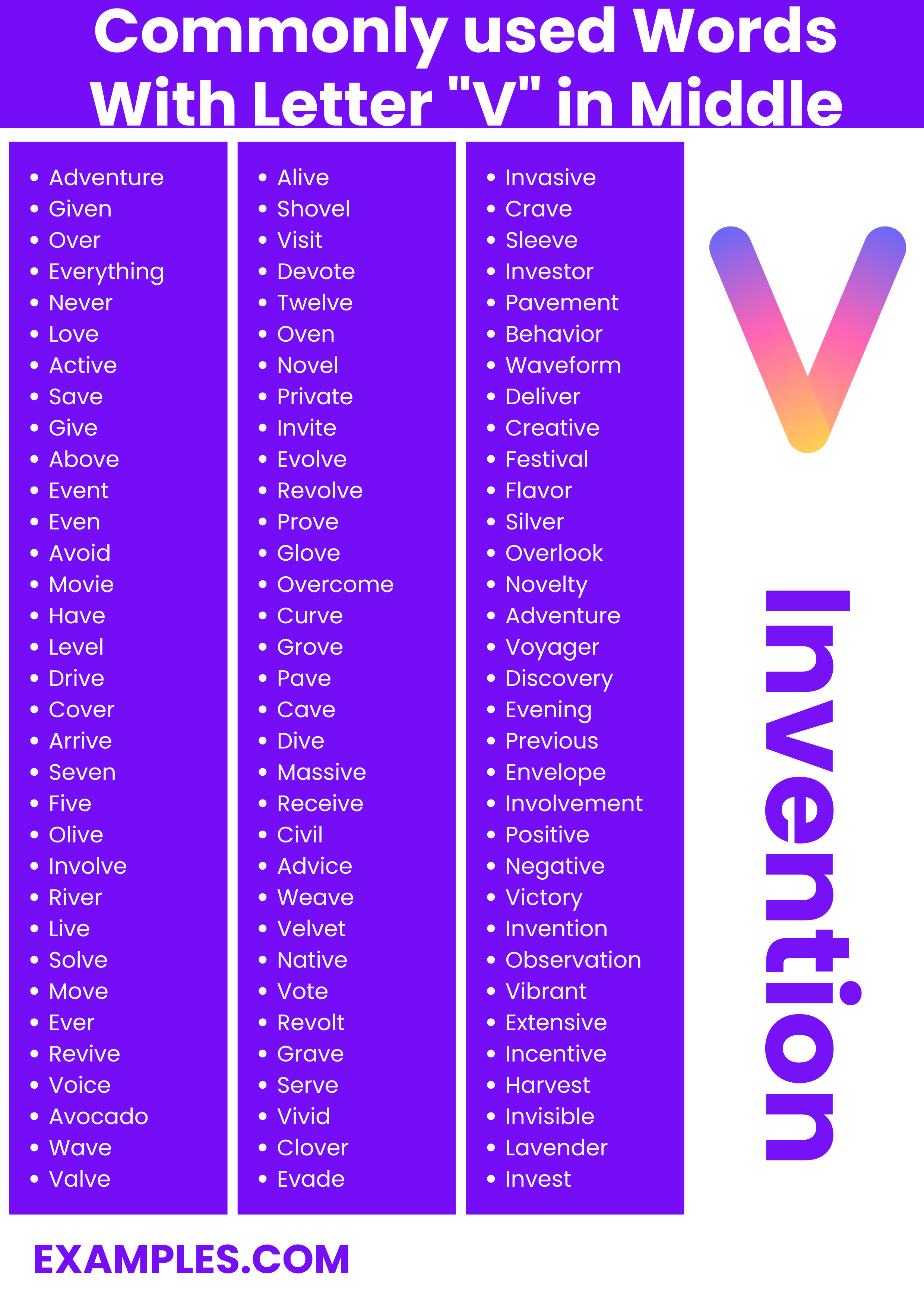 commonly used words with letter v in middle