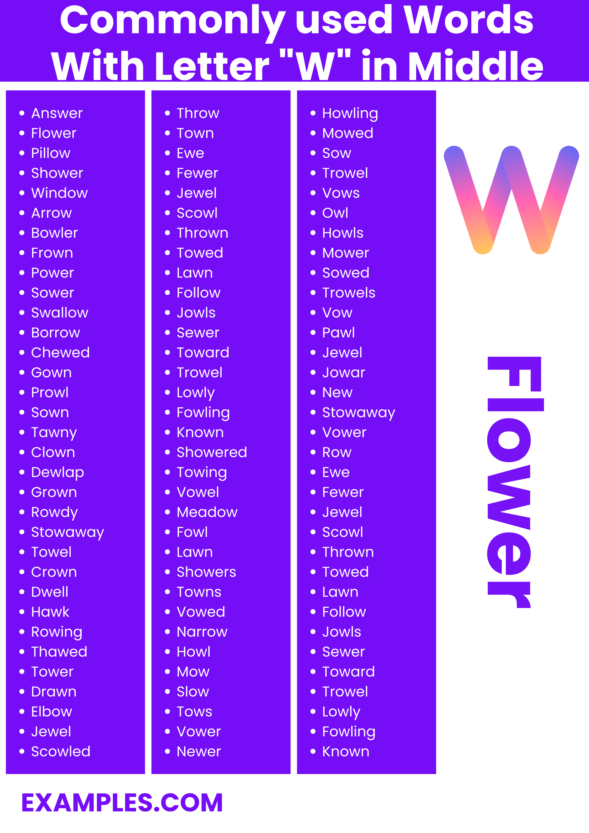 commonly used words with letter w in middle