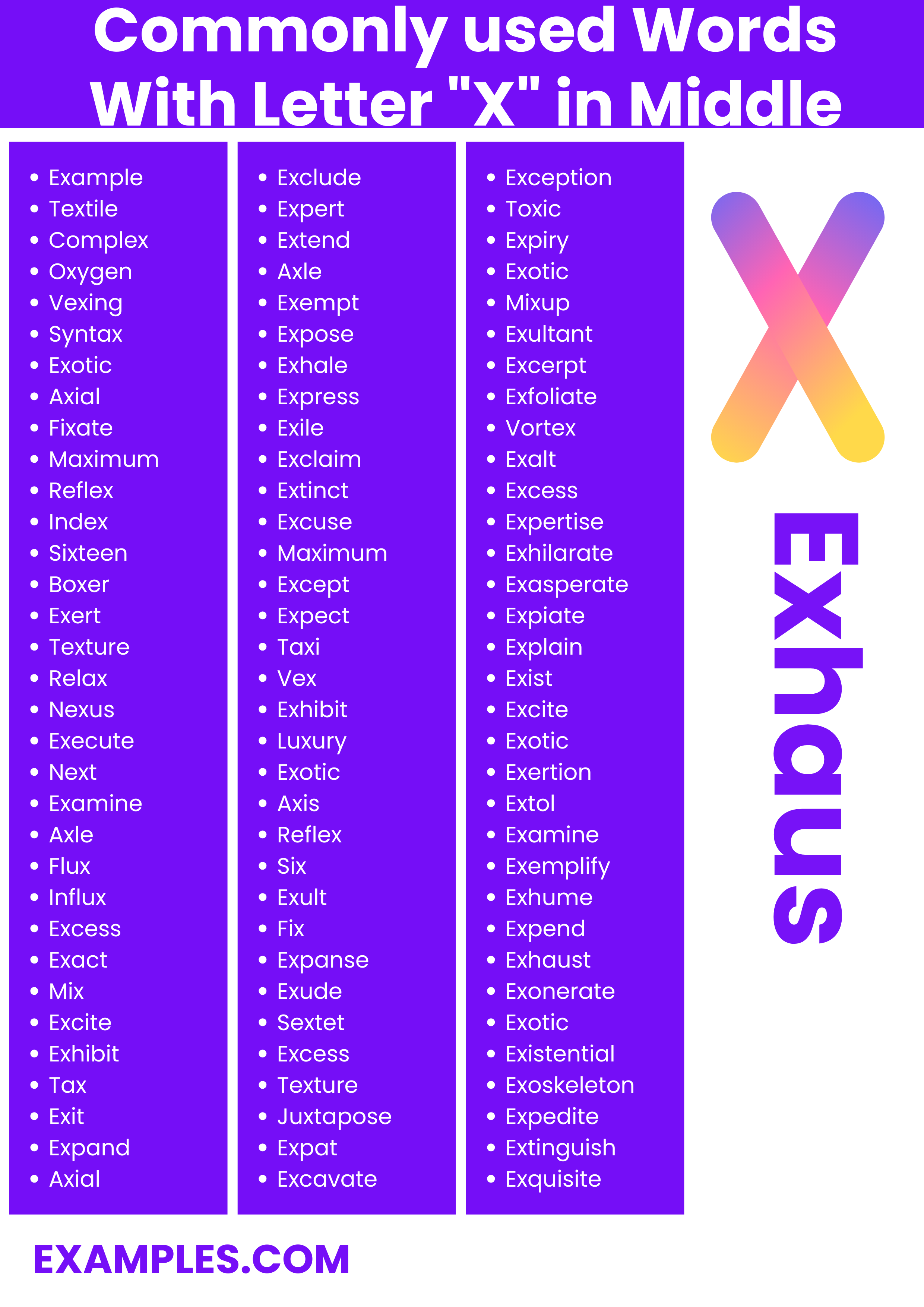 commonly used words with letter x in middle