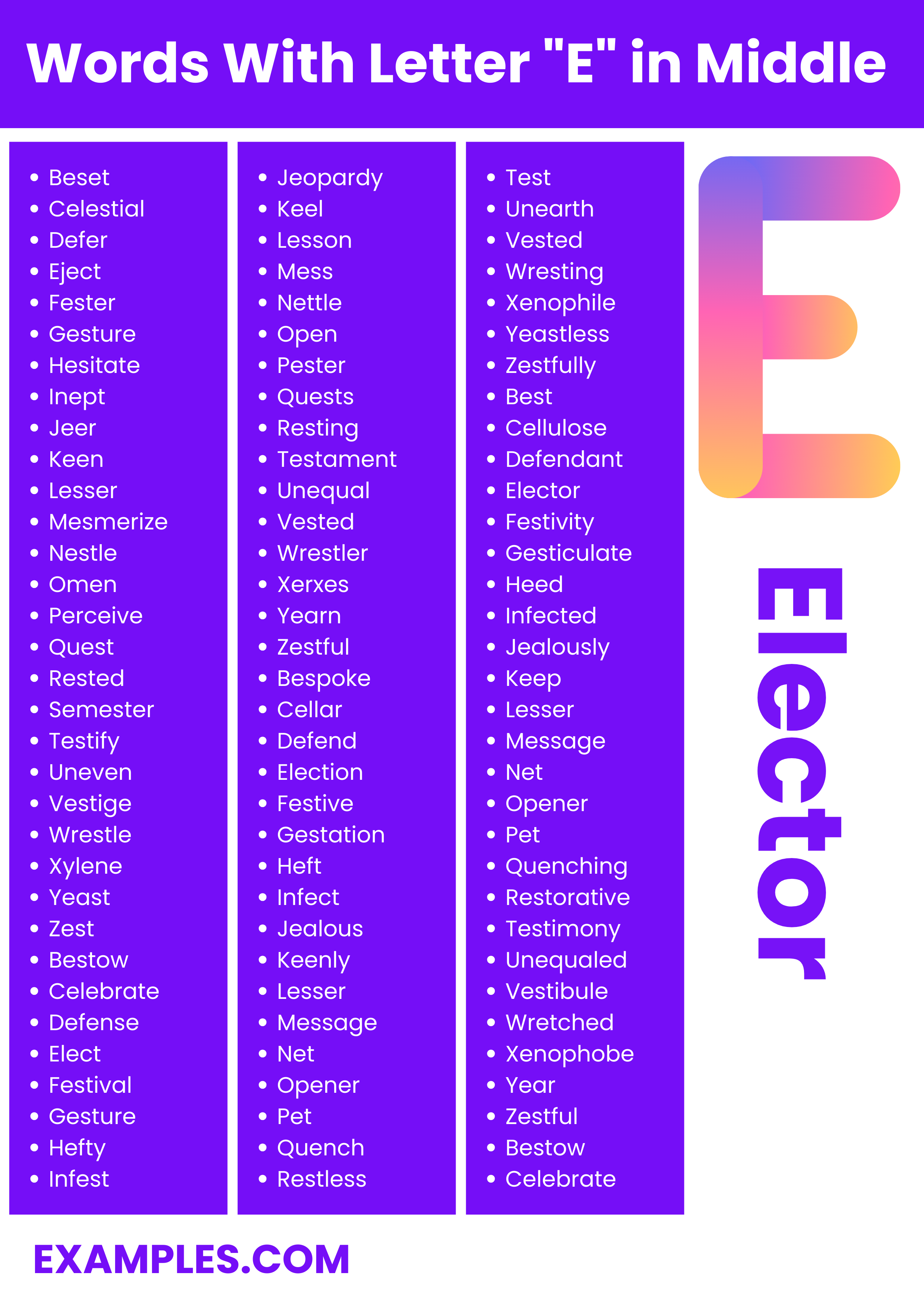commonly used words with letter e in middle