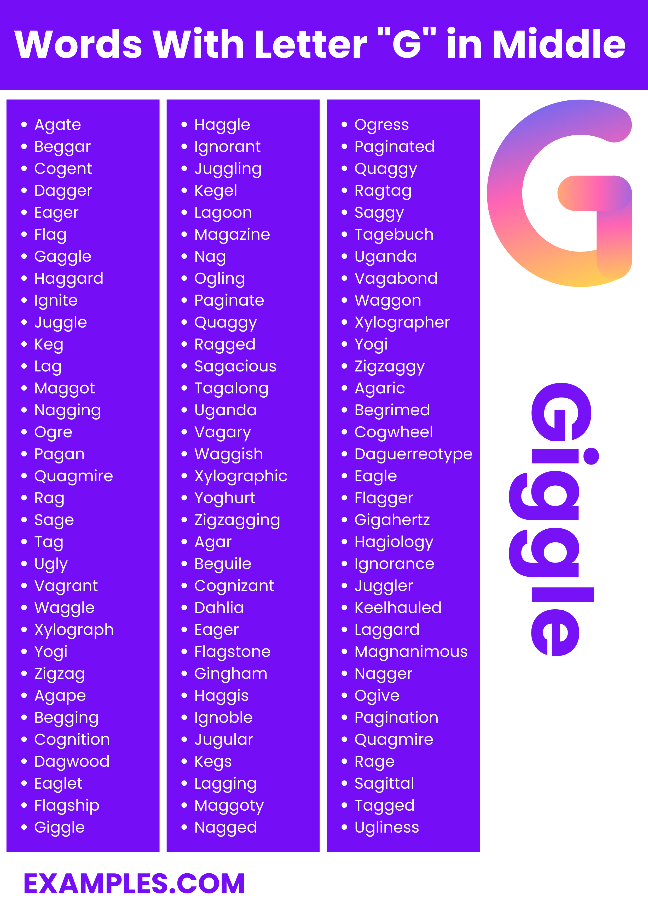 commonly used words with letter g in middle