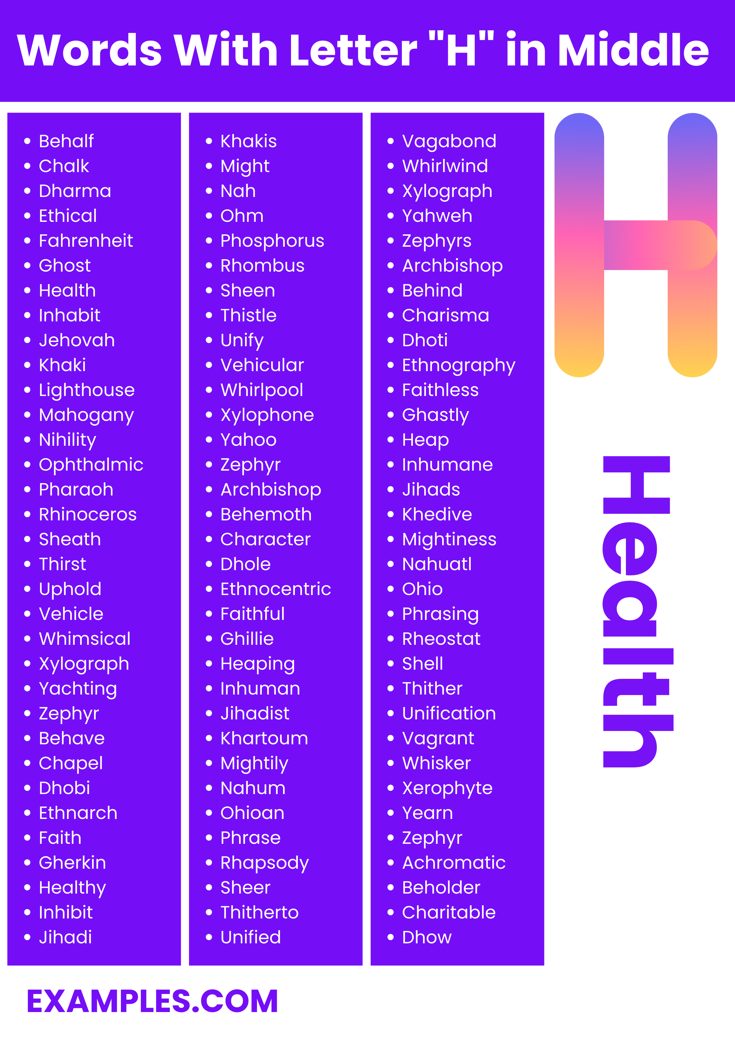 commonly used words with letter h in middle