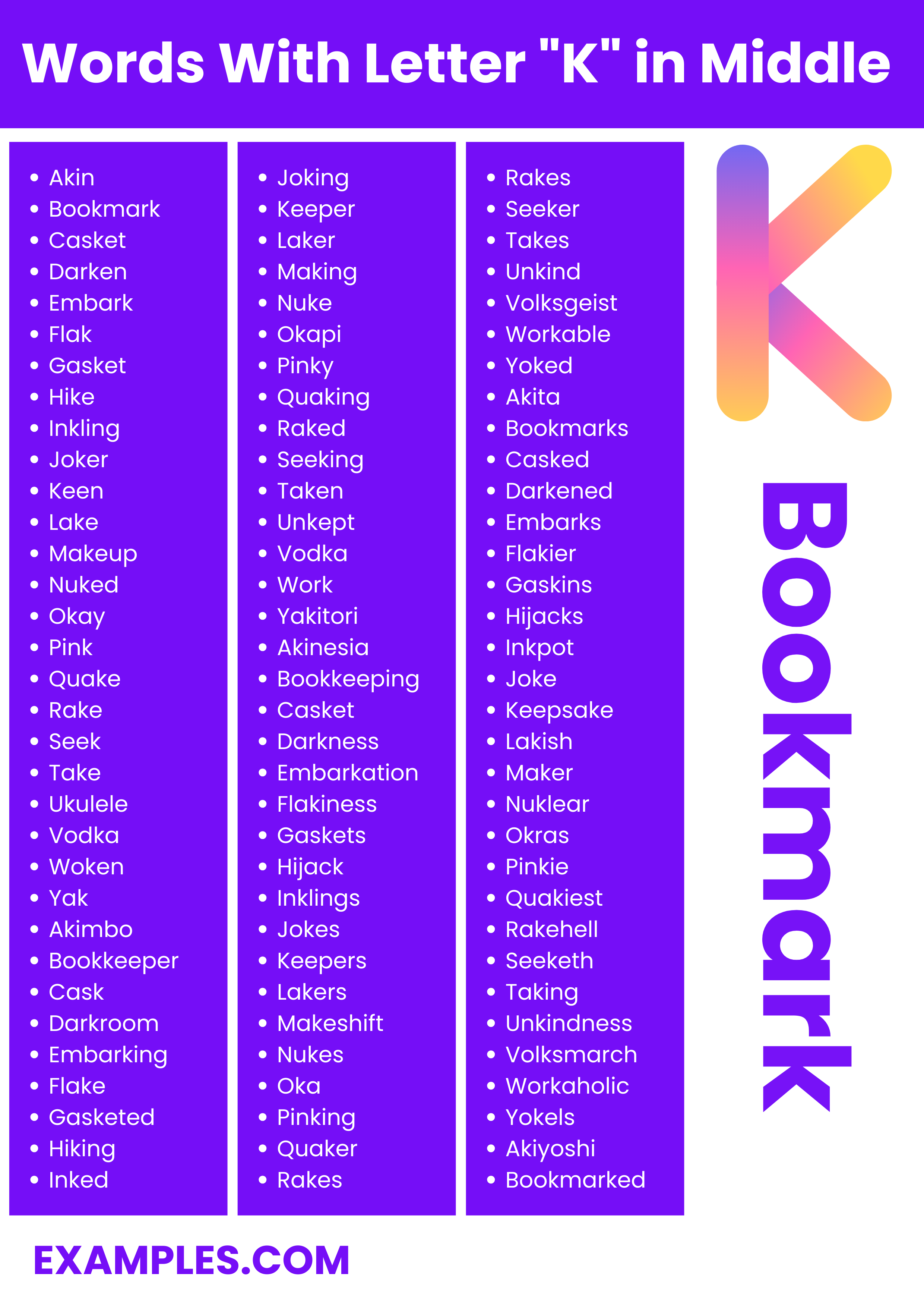 commonly used words with letter k in middle