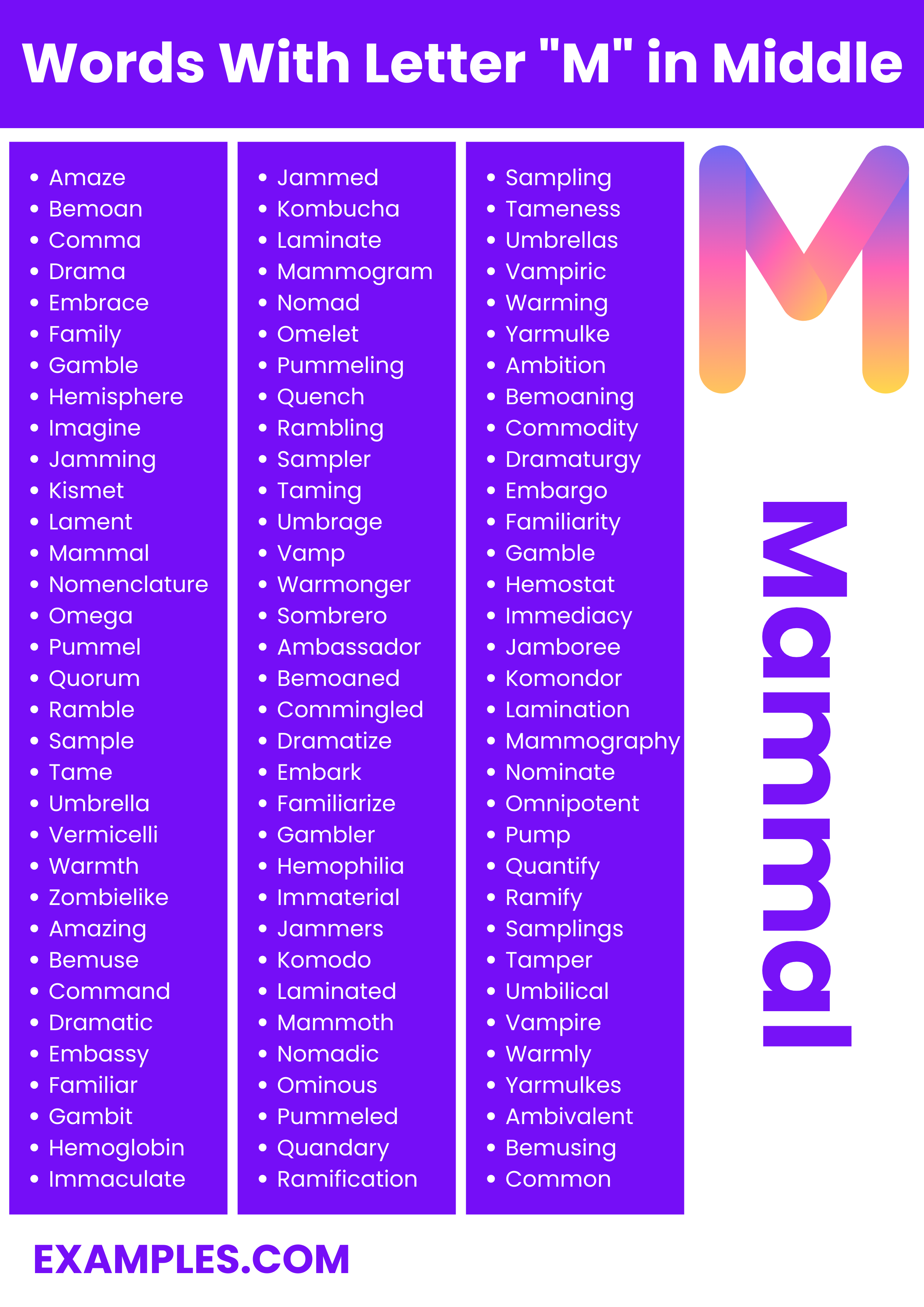 commonly used words with letter m in middle