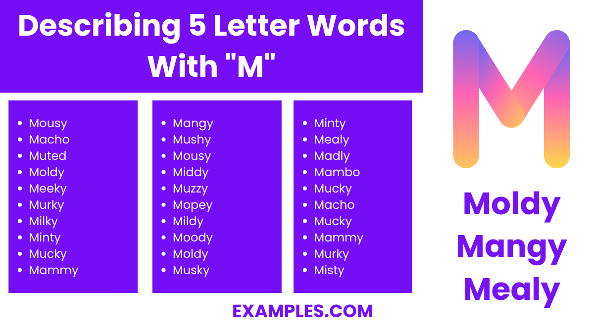 describing 5 letter words with m