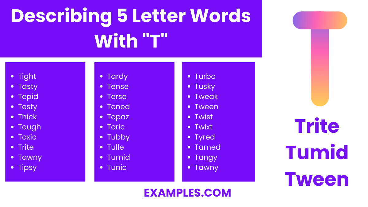 describing 5 letter words with t