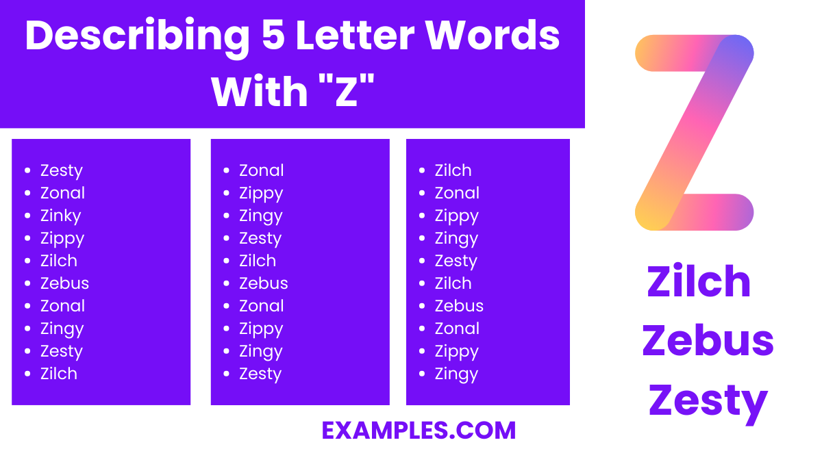 describing 5 letter words with z