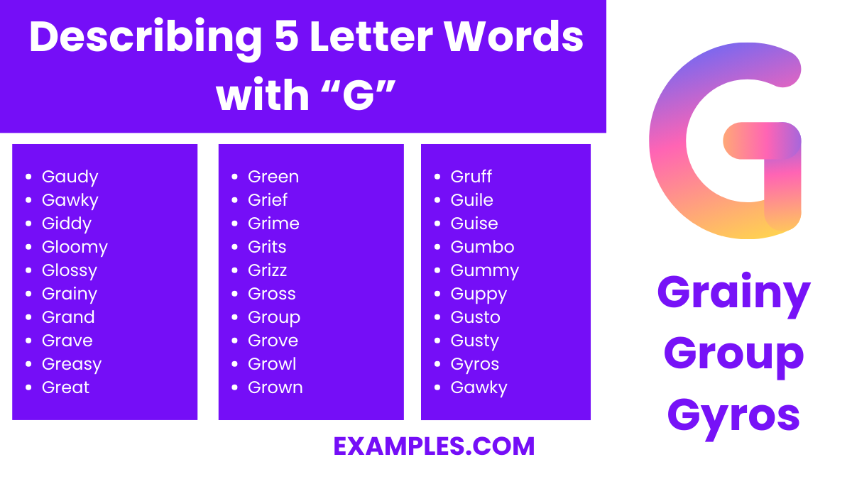 describing 5 letters words with g
