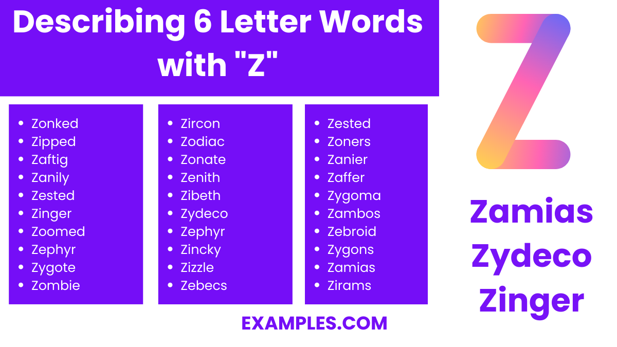 describing 6 letter words with z