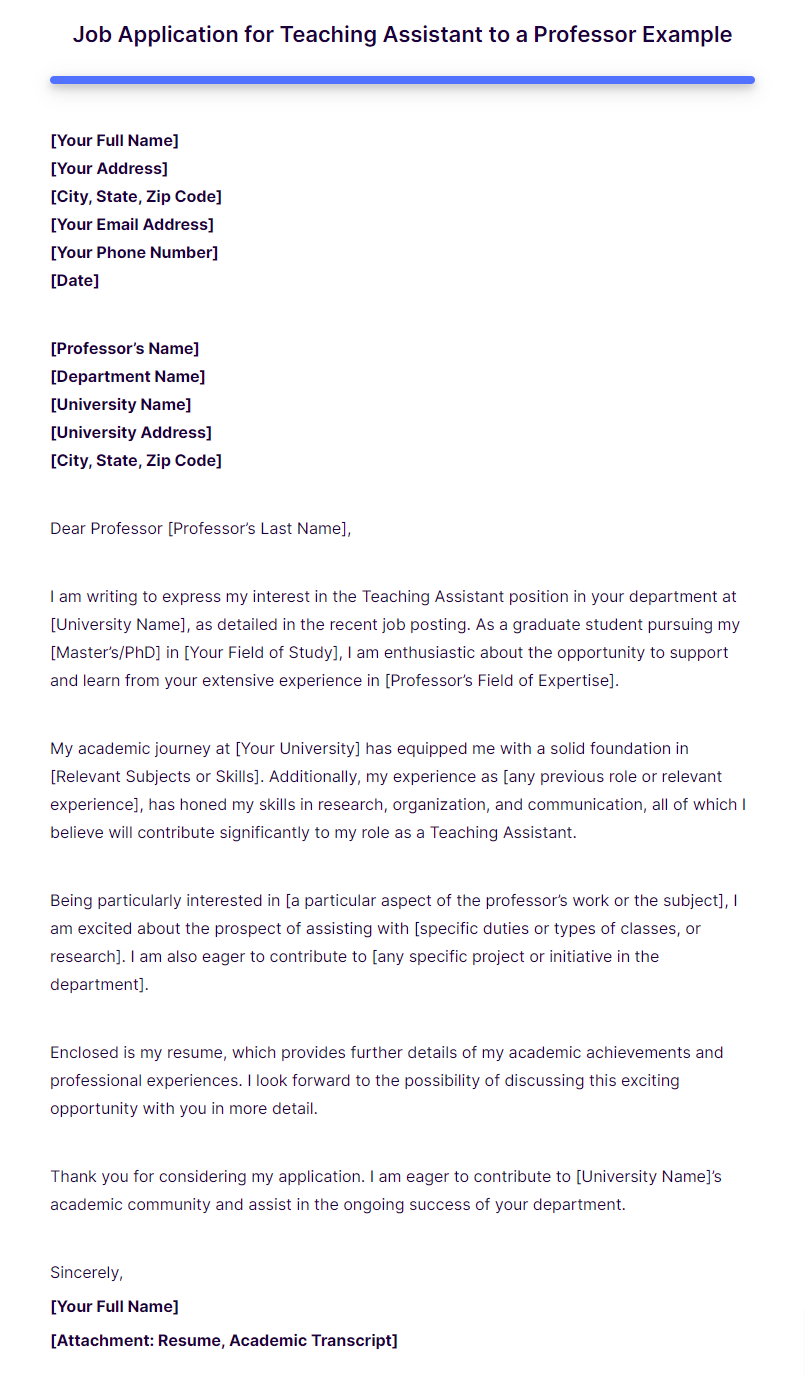 job application for teaching assistant to a professor