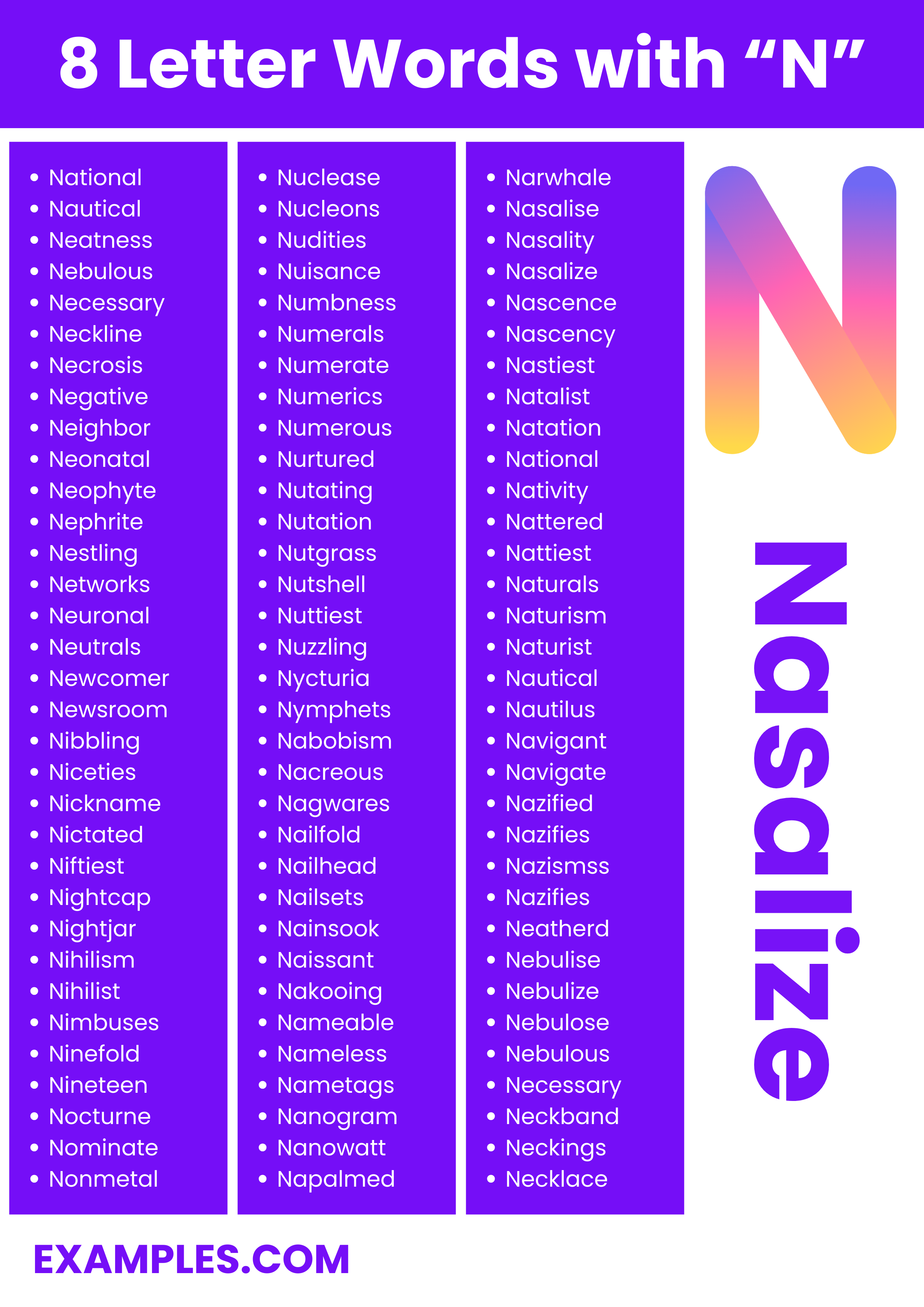 most commonly use 8 letter words with n