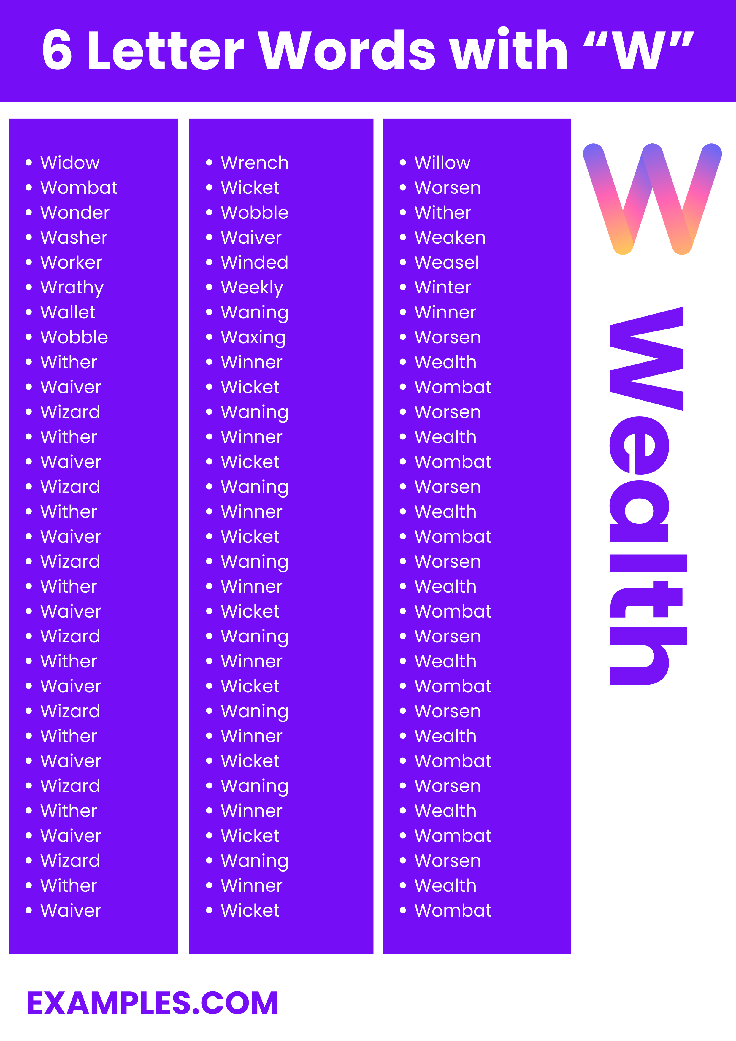 most commonly used 6 letter words with w