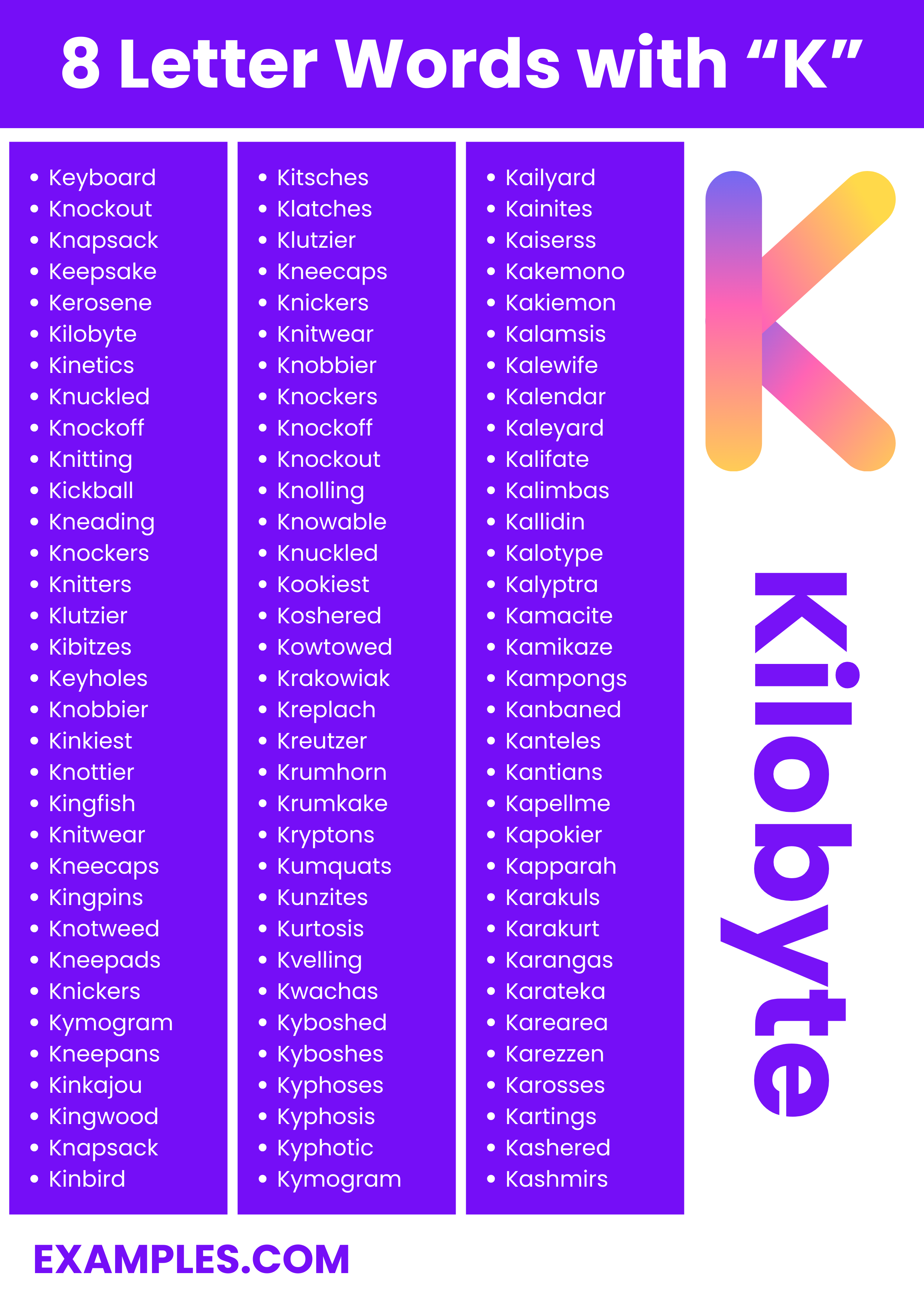 most commonly used 8 letter words with k