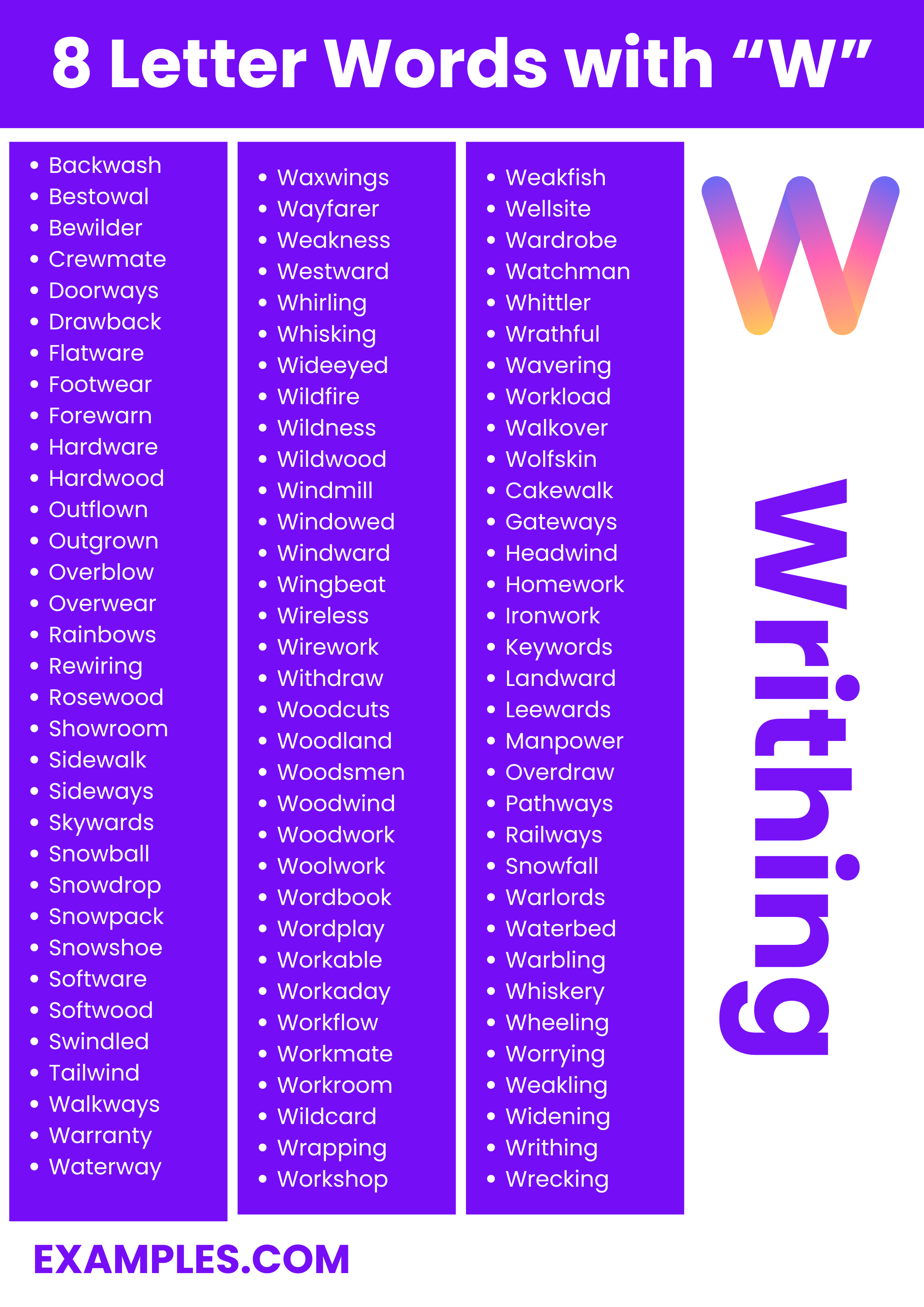 most commonly used 8 letter words with w