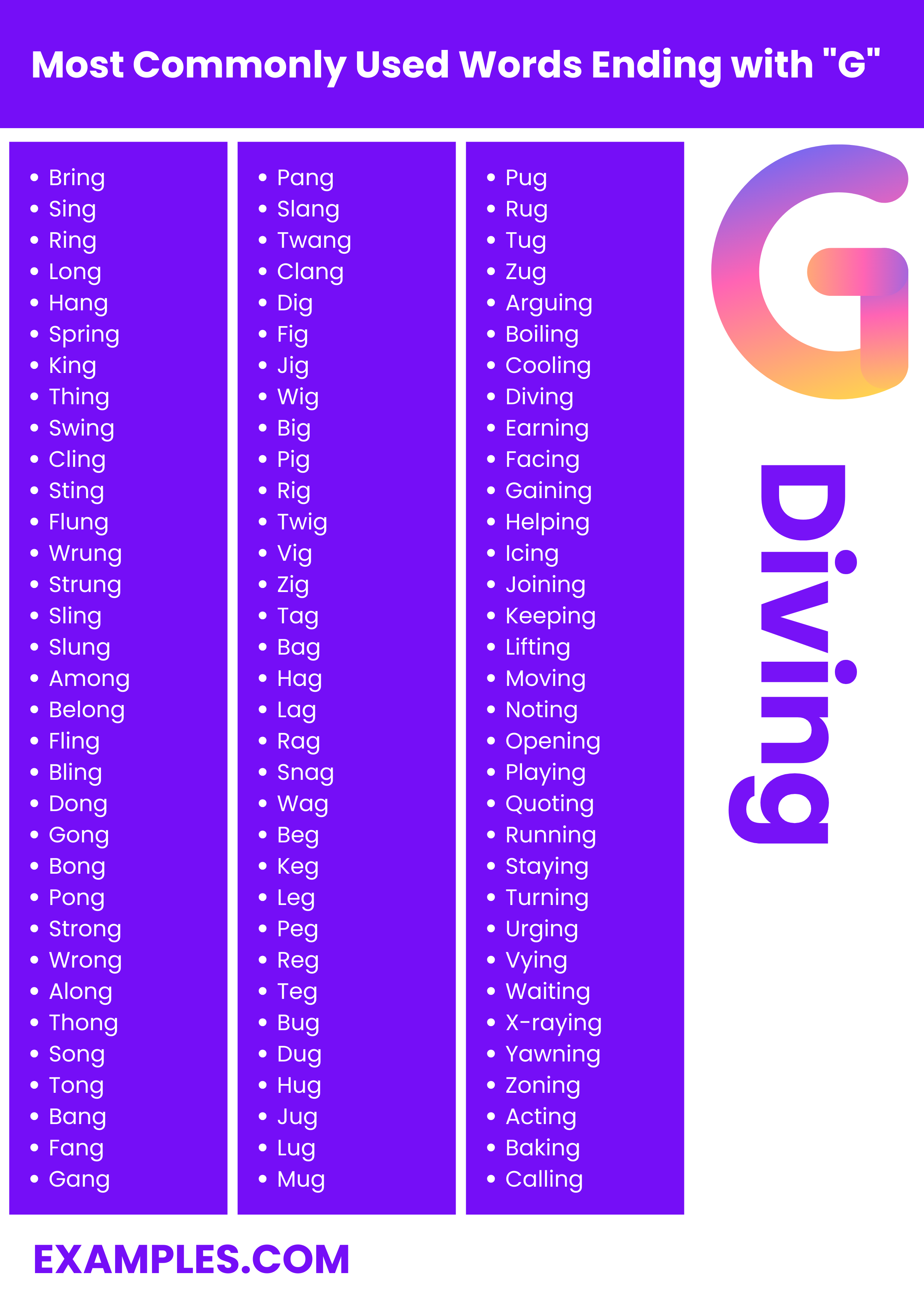 most commonly used words ending with g