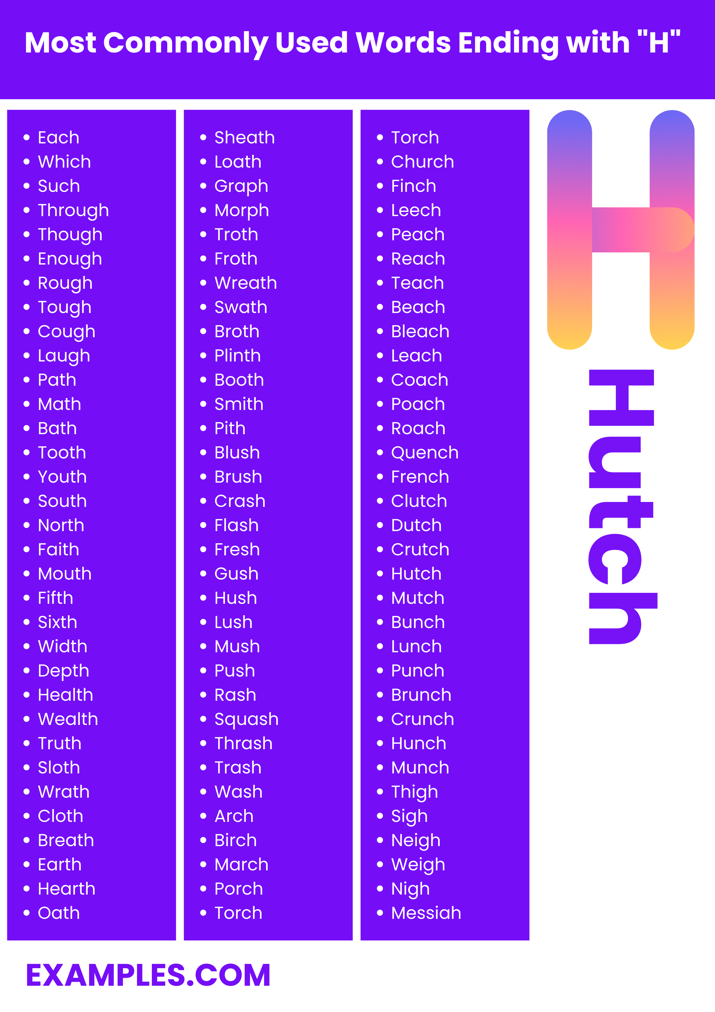 most commonly used words ending with h