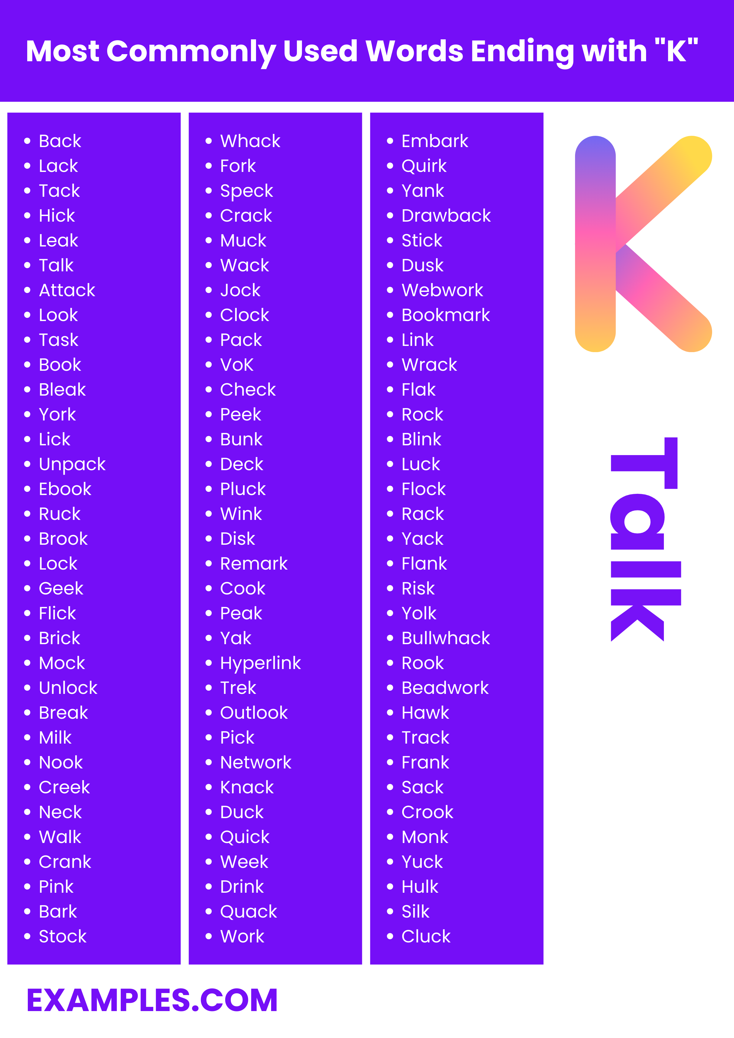 most commonly used words ending with k
