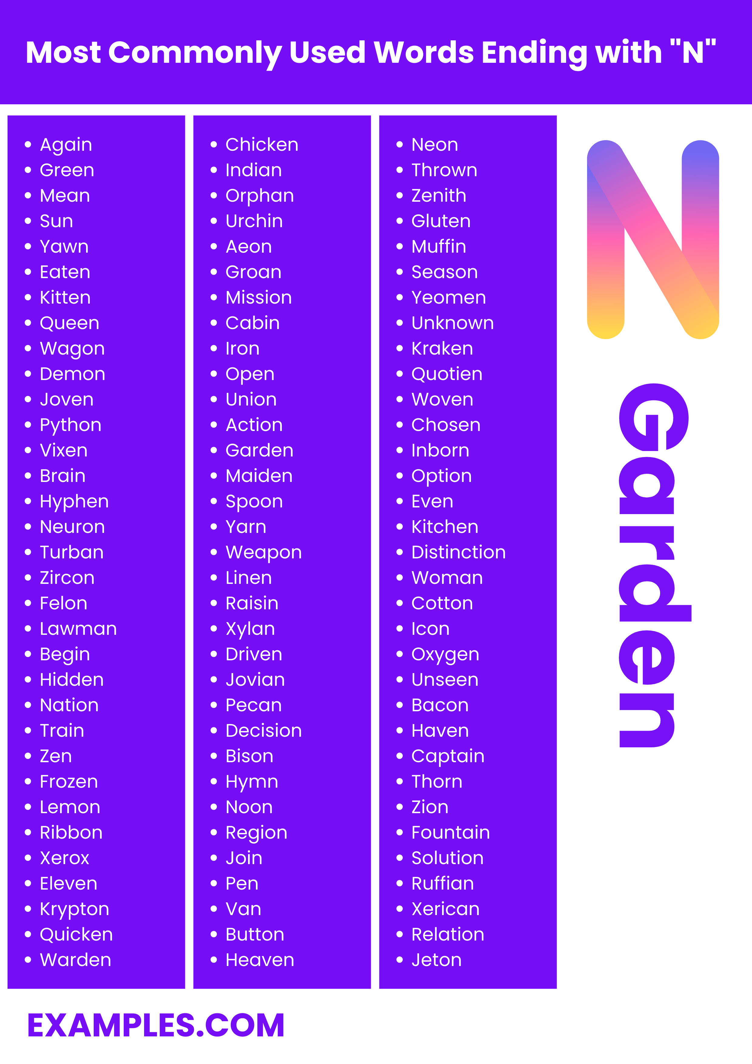most commonly used words ending with n