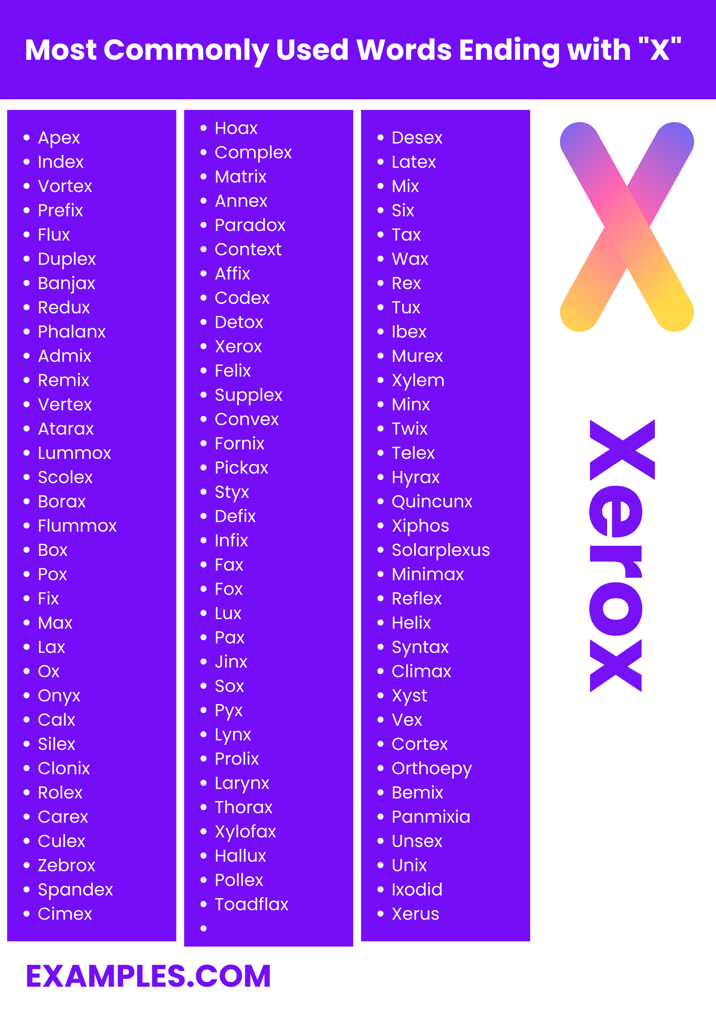 most commonly used words ending with x