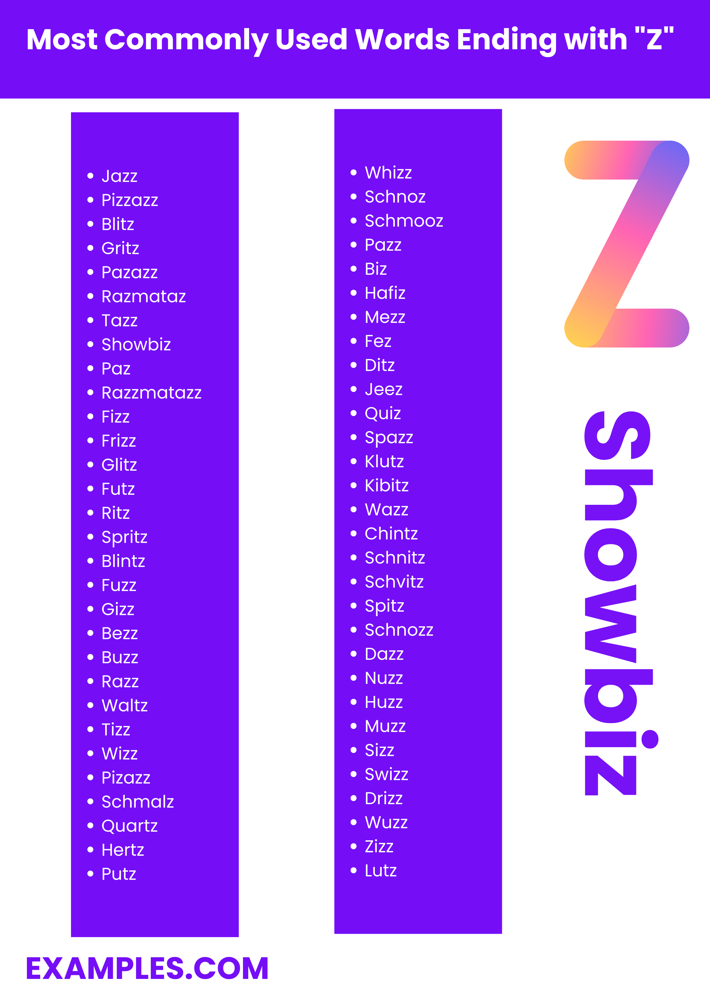 most commonly used words ending with z