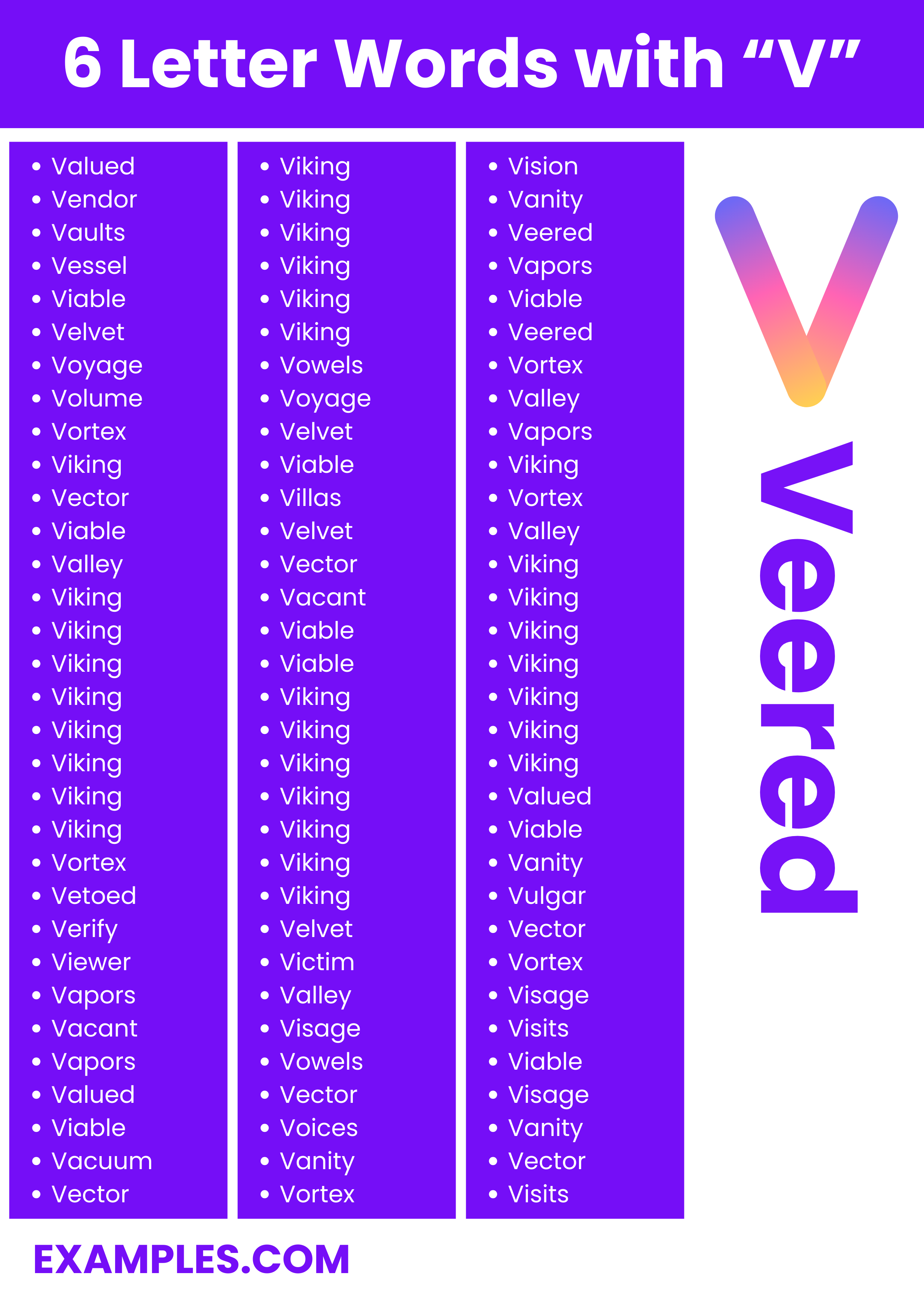 most commonly used 6 letter words with v