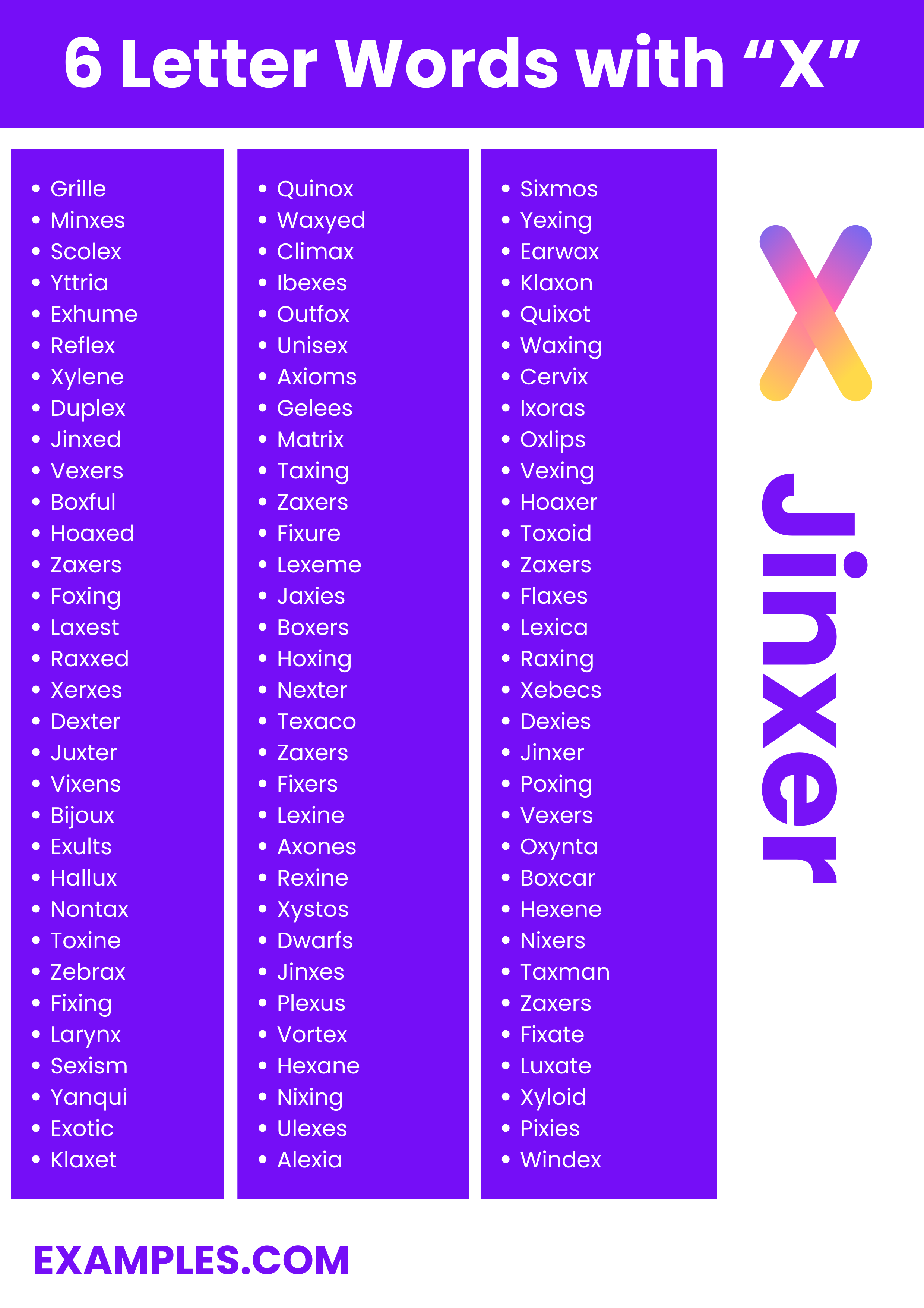 most commonly used 6 letter words with x