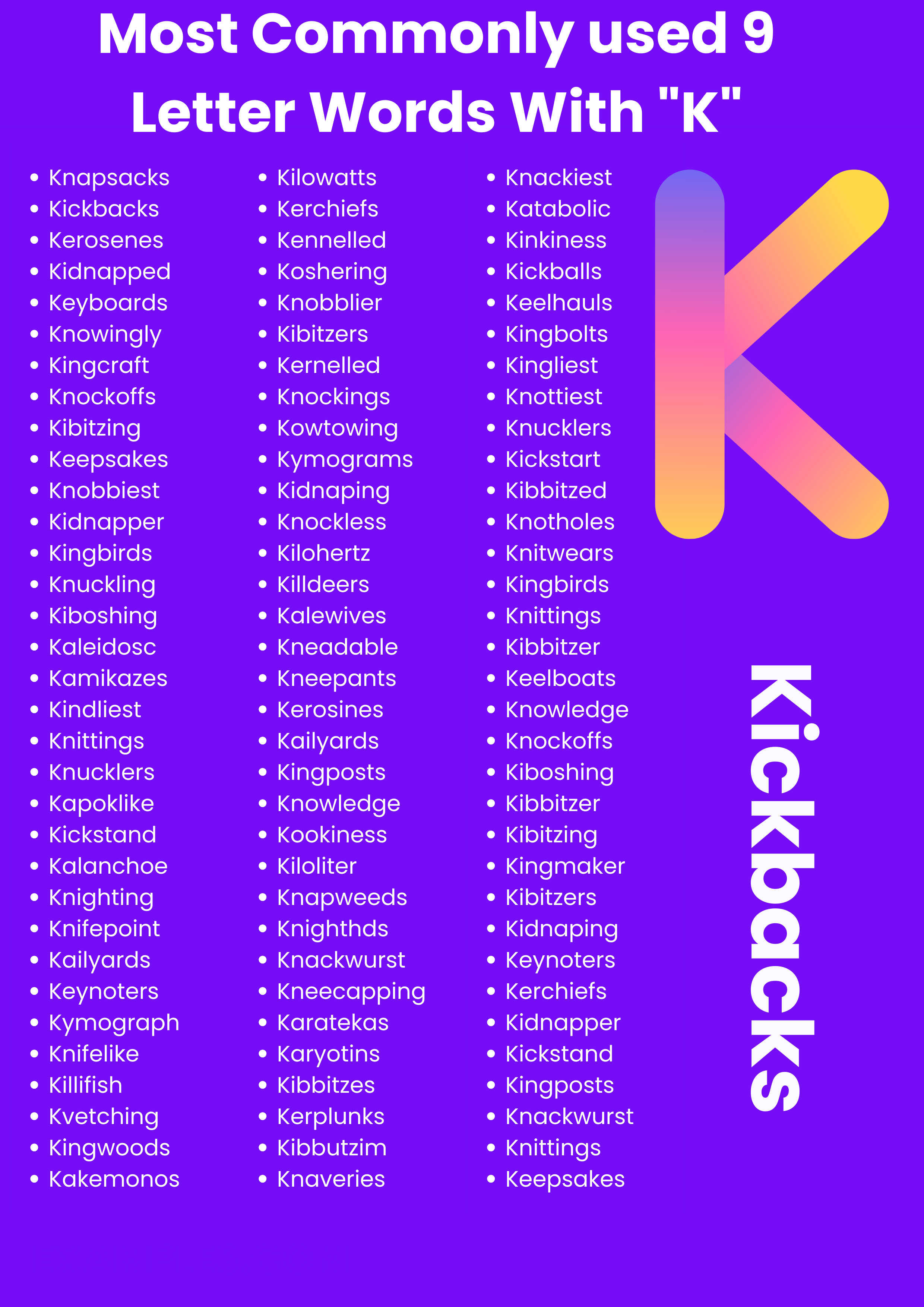 most commonly used 9 letter words with k 1