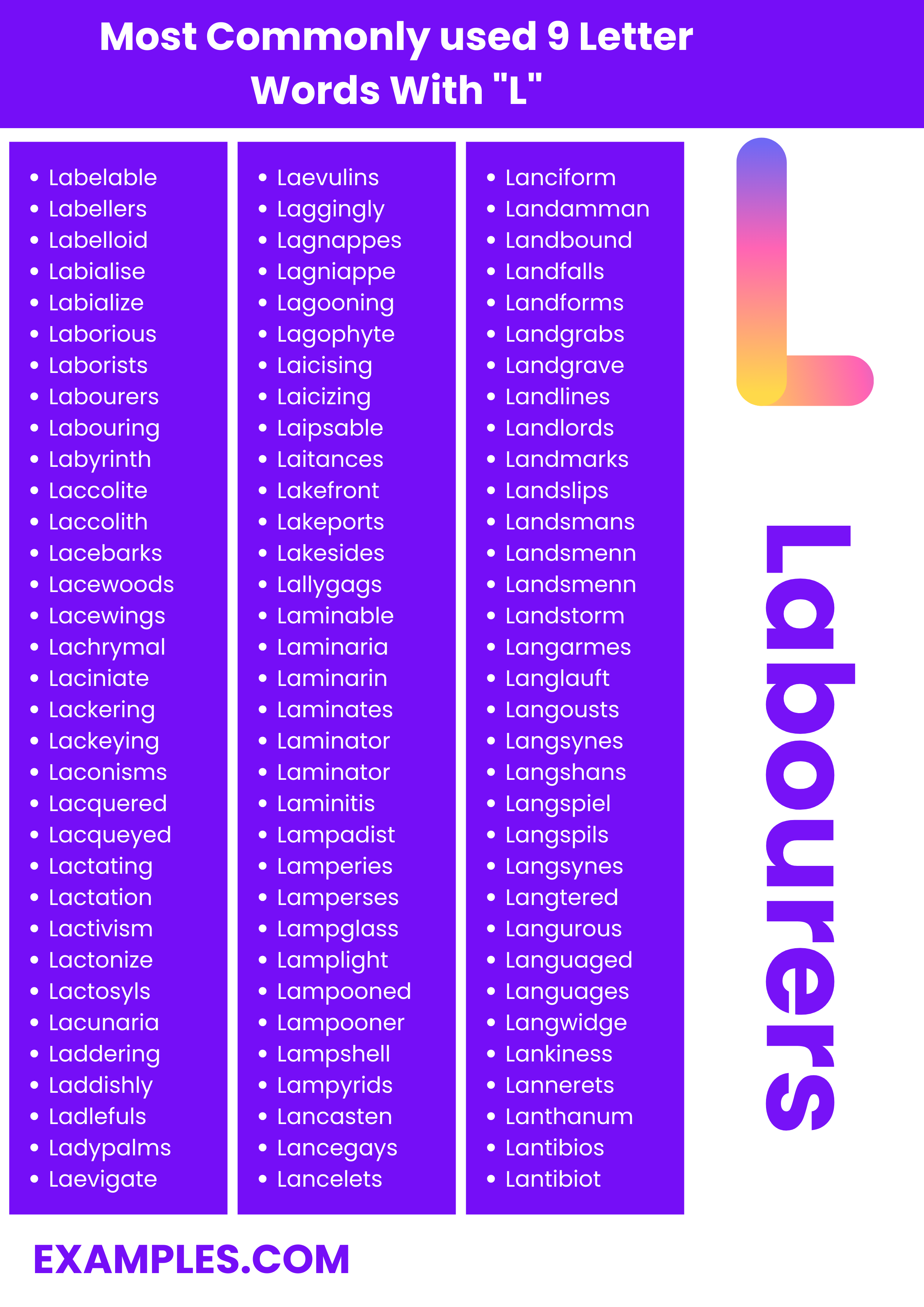 most commonly used 9 letter words with l