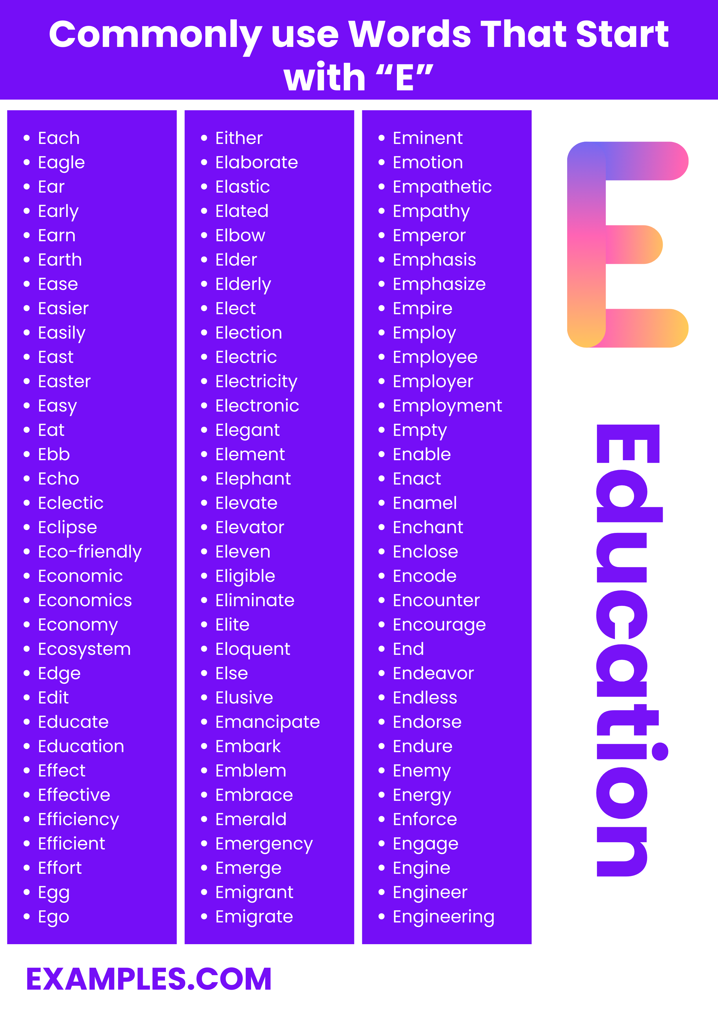 most commonly used words with e