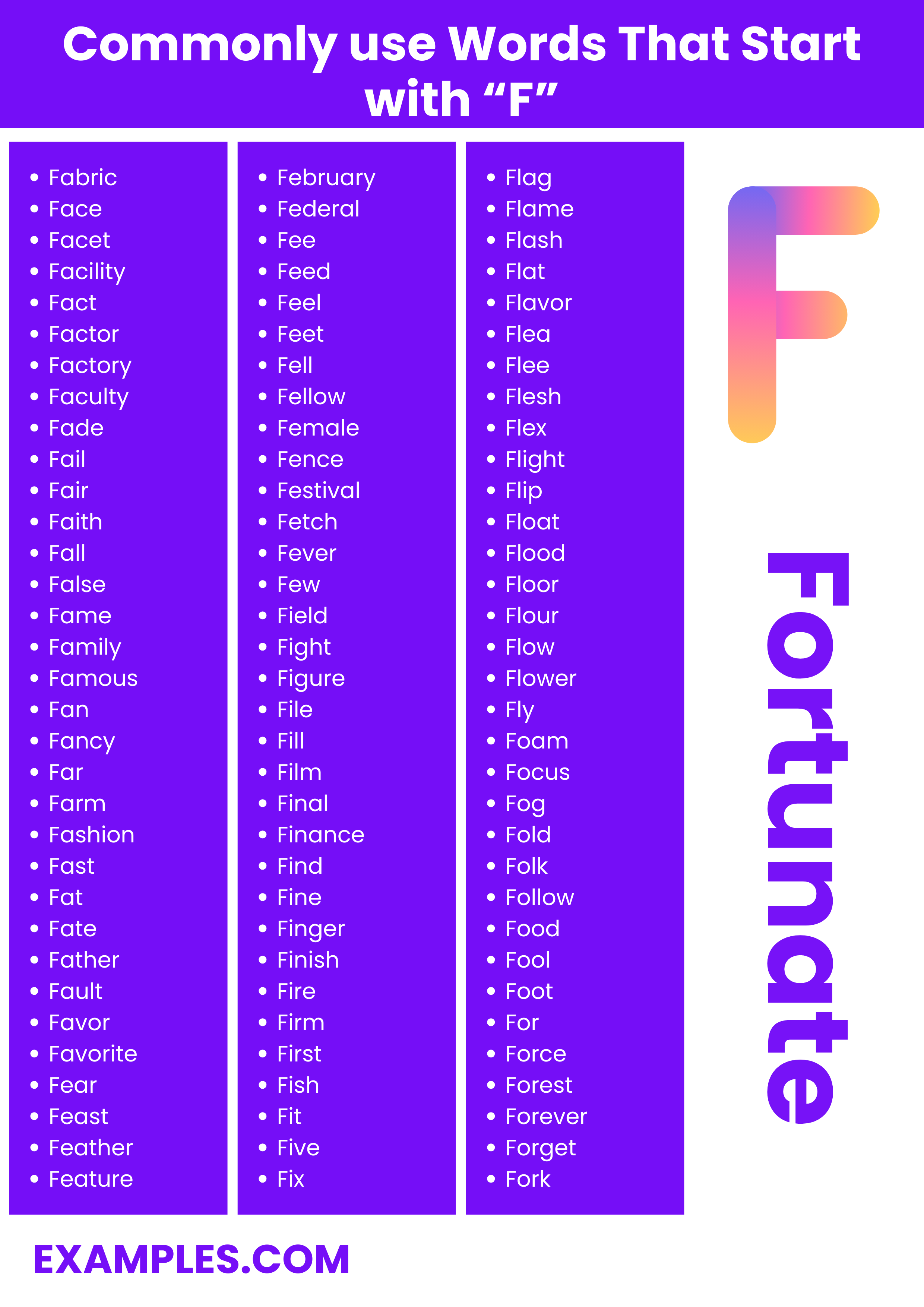 most commonly used words with f