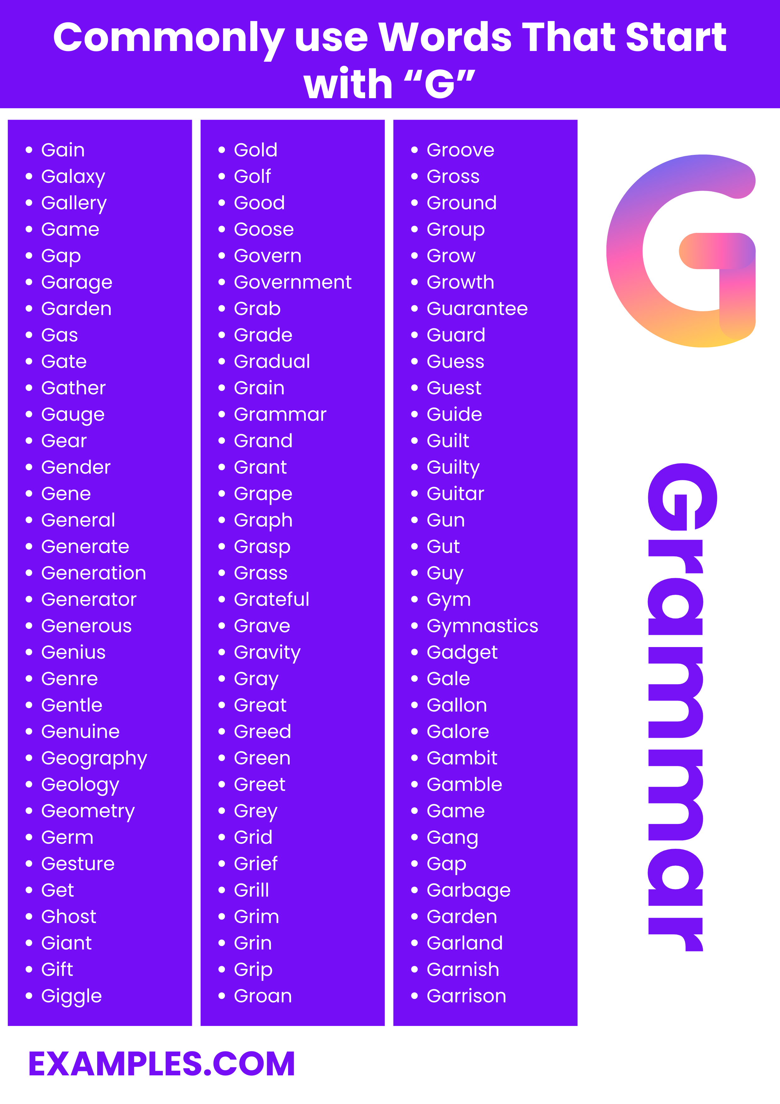 most commonly used words with g