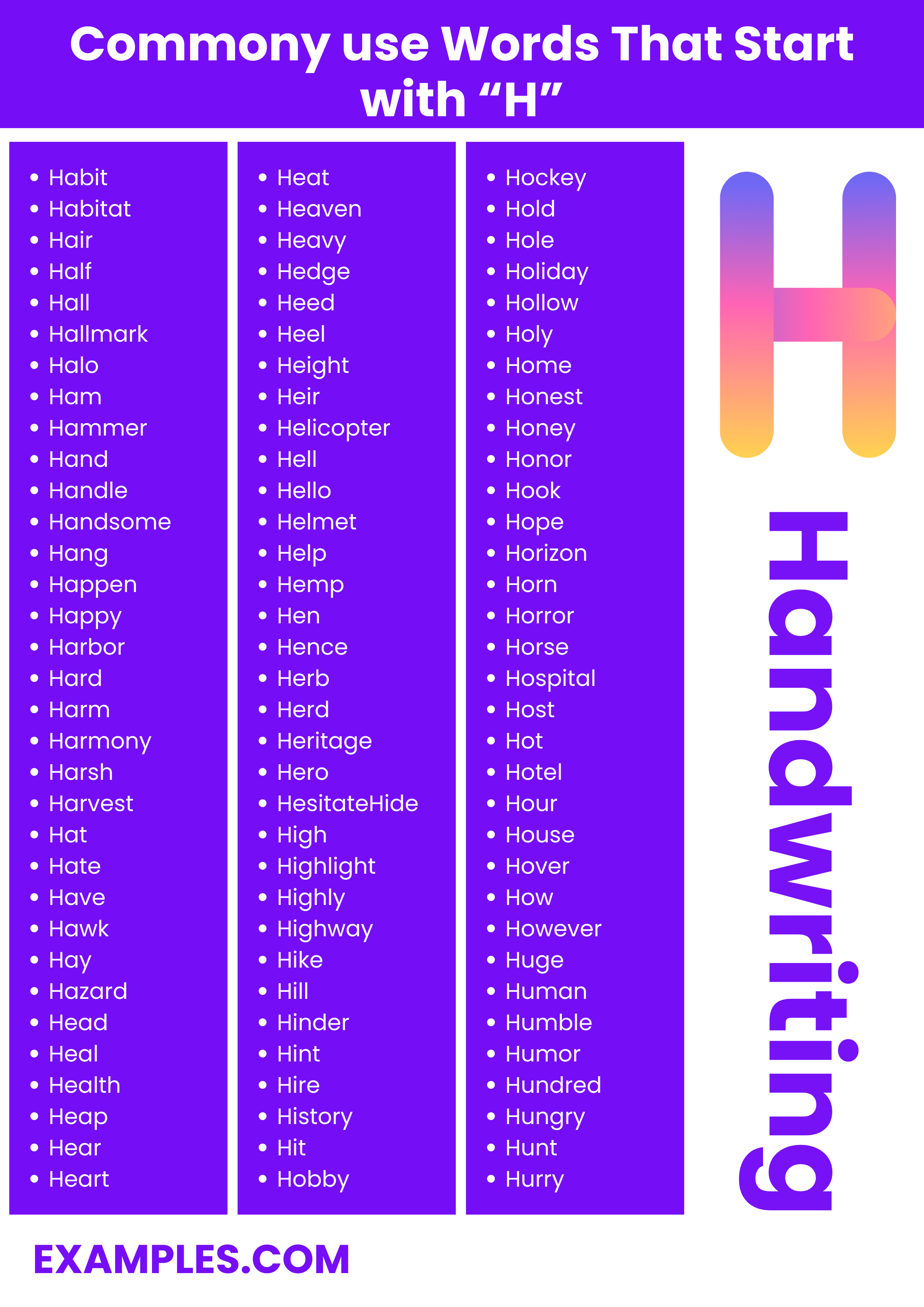 most commonly used words with h
