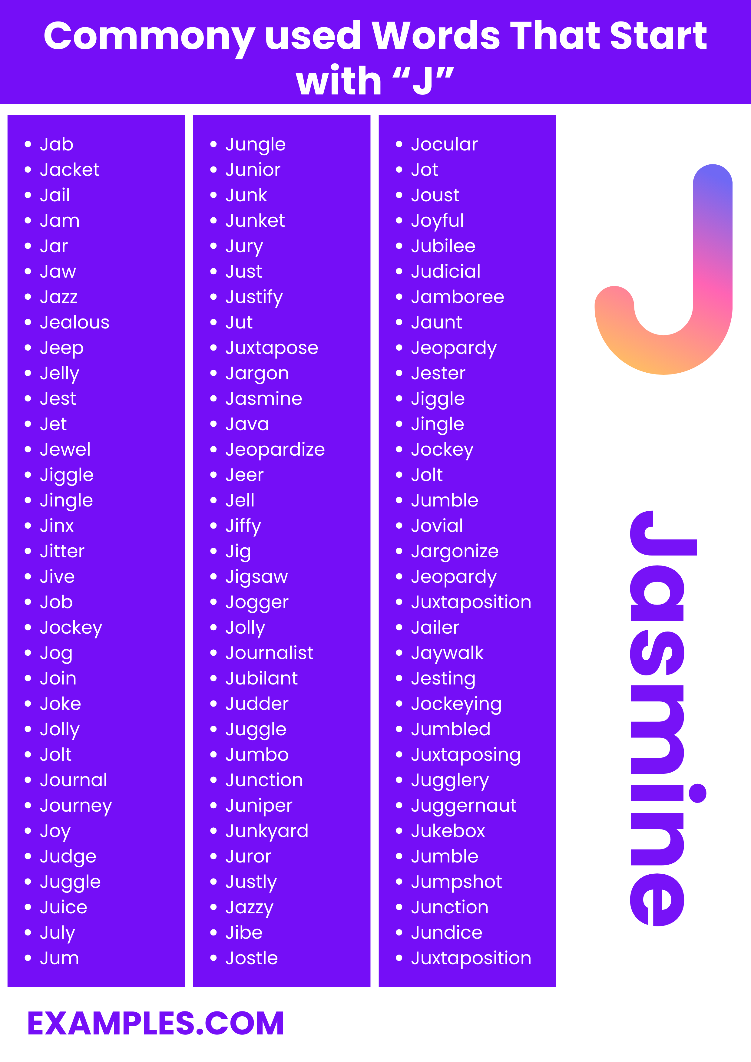 most commonly used words with j