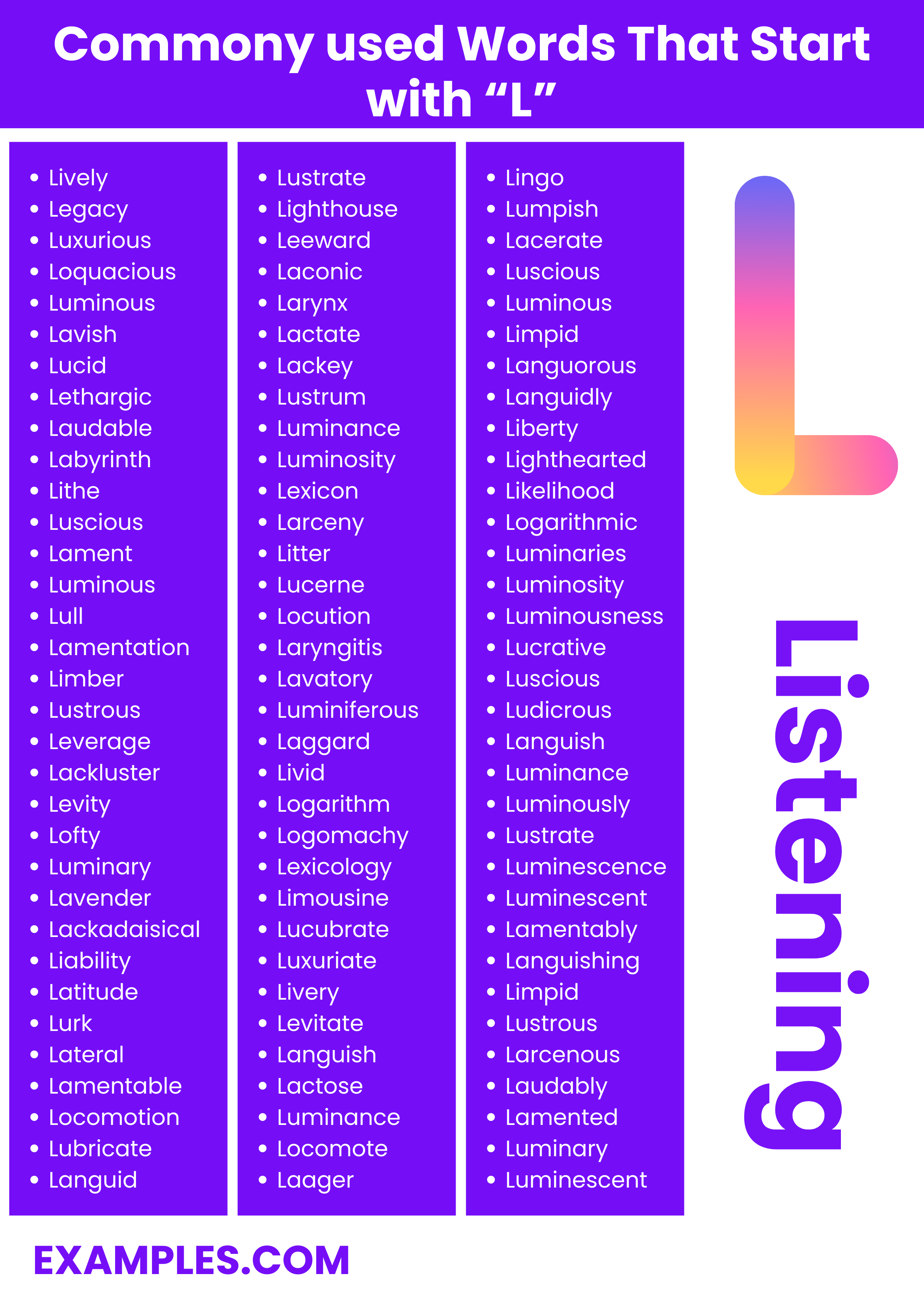 most commonly used words with l
